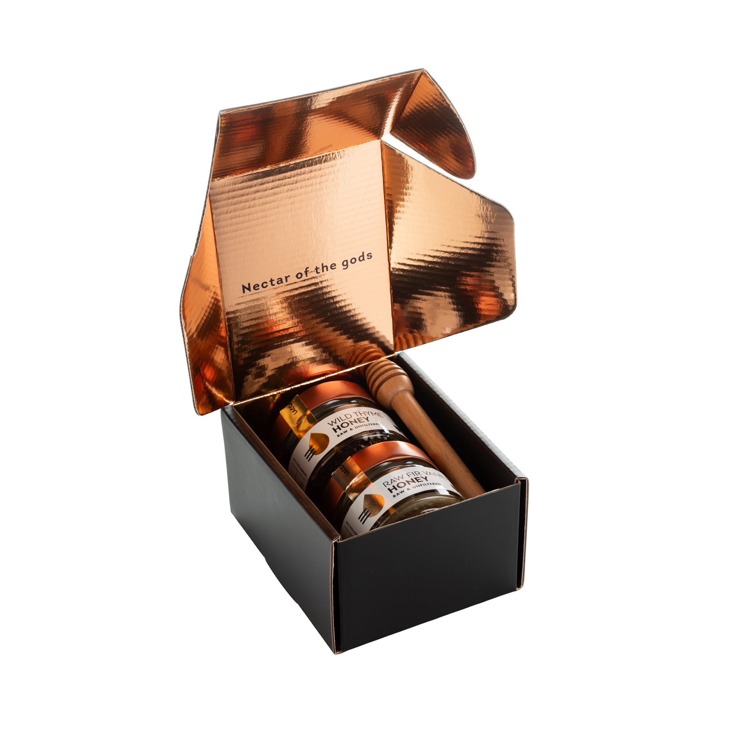 Laconic Foods Greek Honey Gift Box – open packaging with Wild Thyme Honey, Raw Fir Vanilla Honey, and wooden dipper inside.
