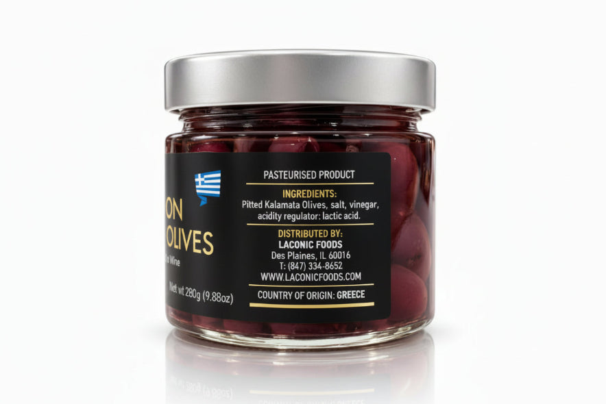 Laconic Foods Greek Kalamata pitted olives 280g jar ingredients and nutrition label