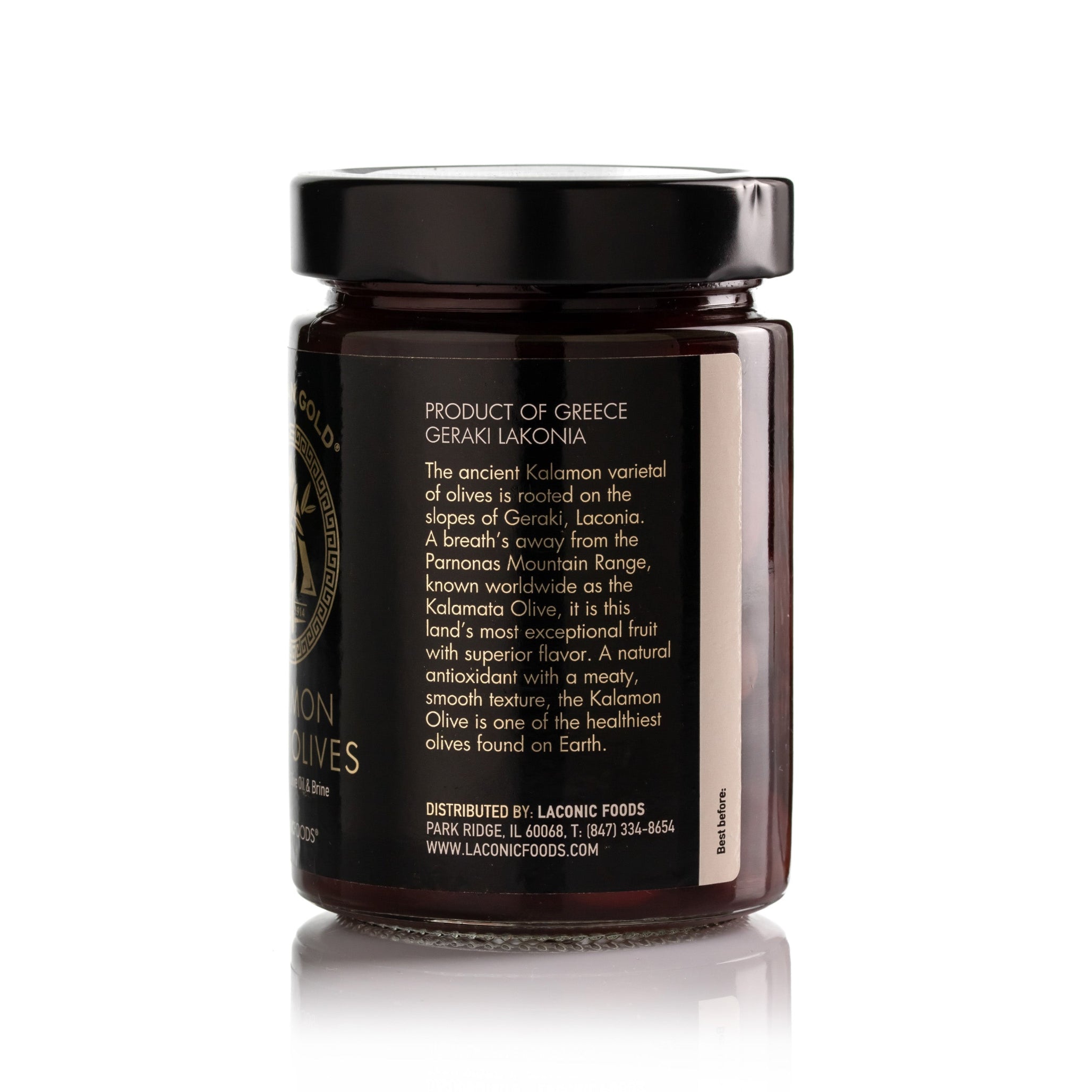 Back label of Laconic Foods Kalamon Greek Olives, 320g jar, describing origin from Geraki, Laconia, Greece, and Kalamata olive heritage.