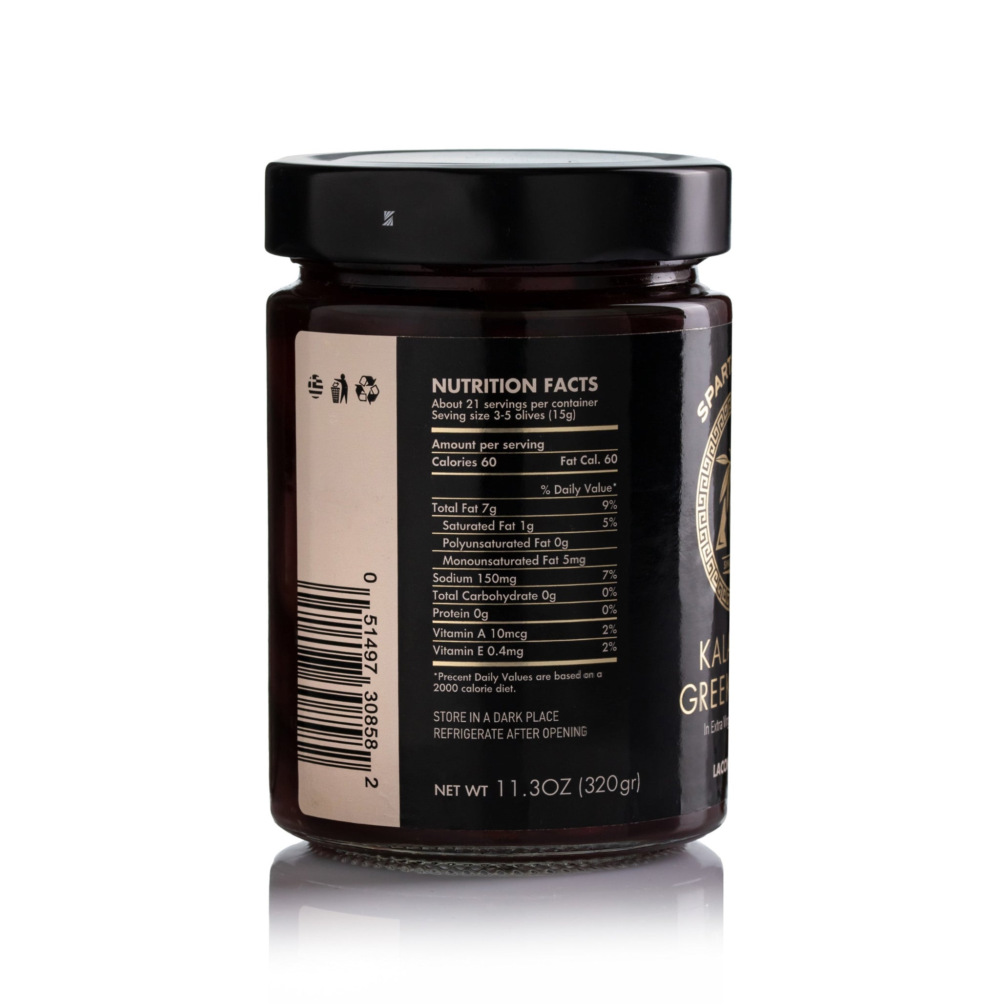 Nutrition facts label of Laconic Foods Kalamon Greek Olives, 320g glass jar, showing calories, fat, and nutritional values.