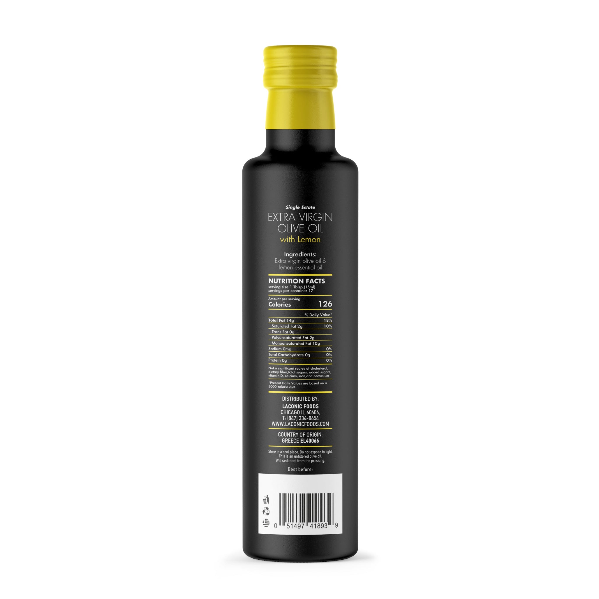 Back label of Laconic Foods Lemon Infused Extra Virgin Olive Oil 250ml, showing ingredients and nutrition facts.
