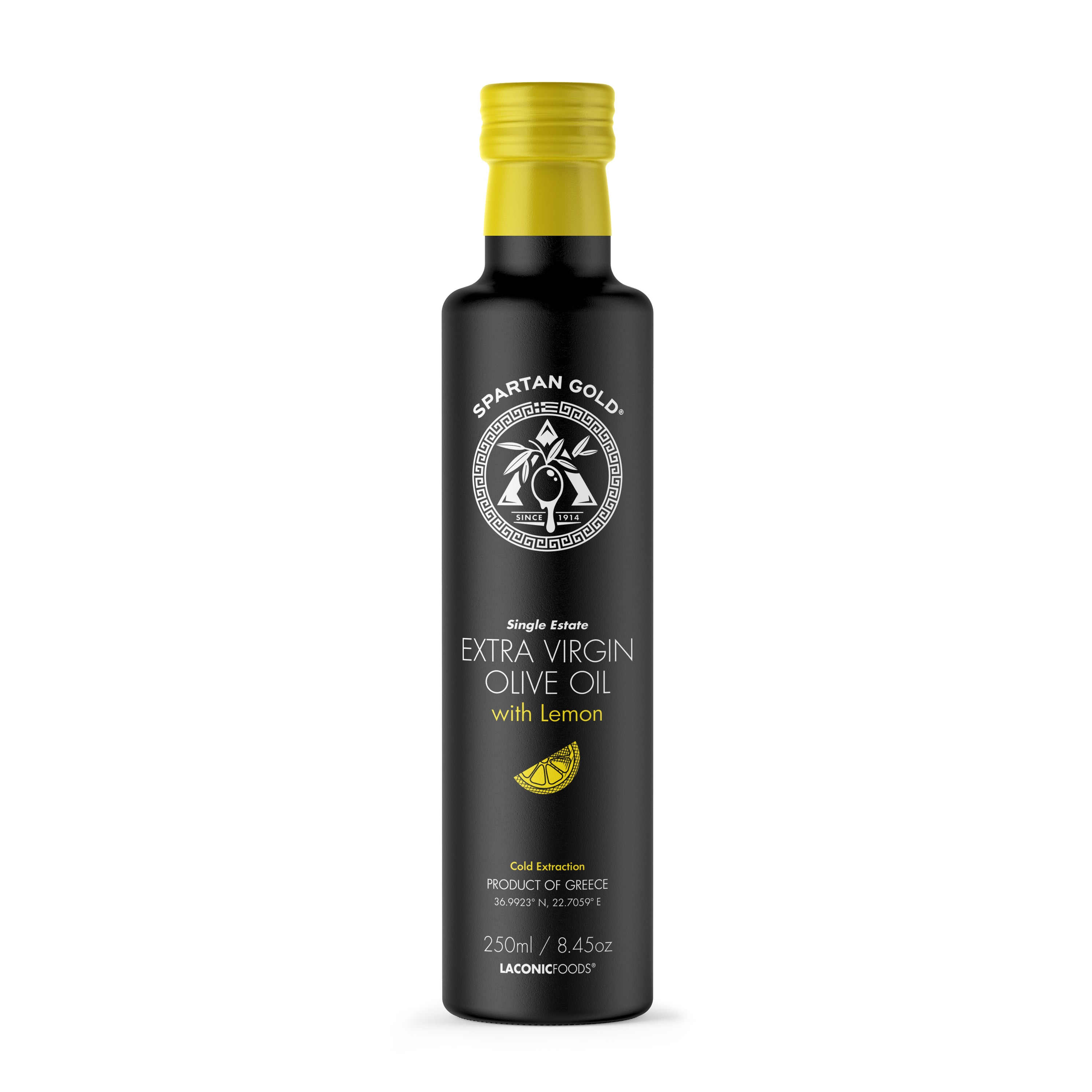 Lemon infused extra virgin olive oil 250ml — front label, Spartan Gold by Laconic Foods.