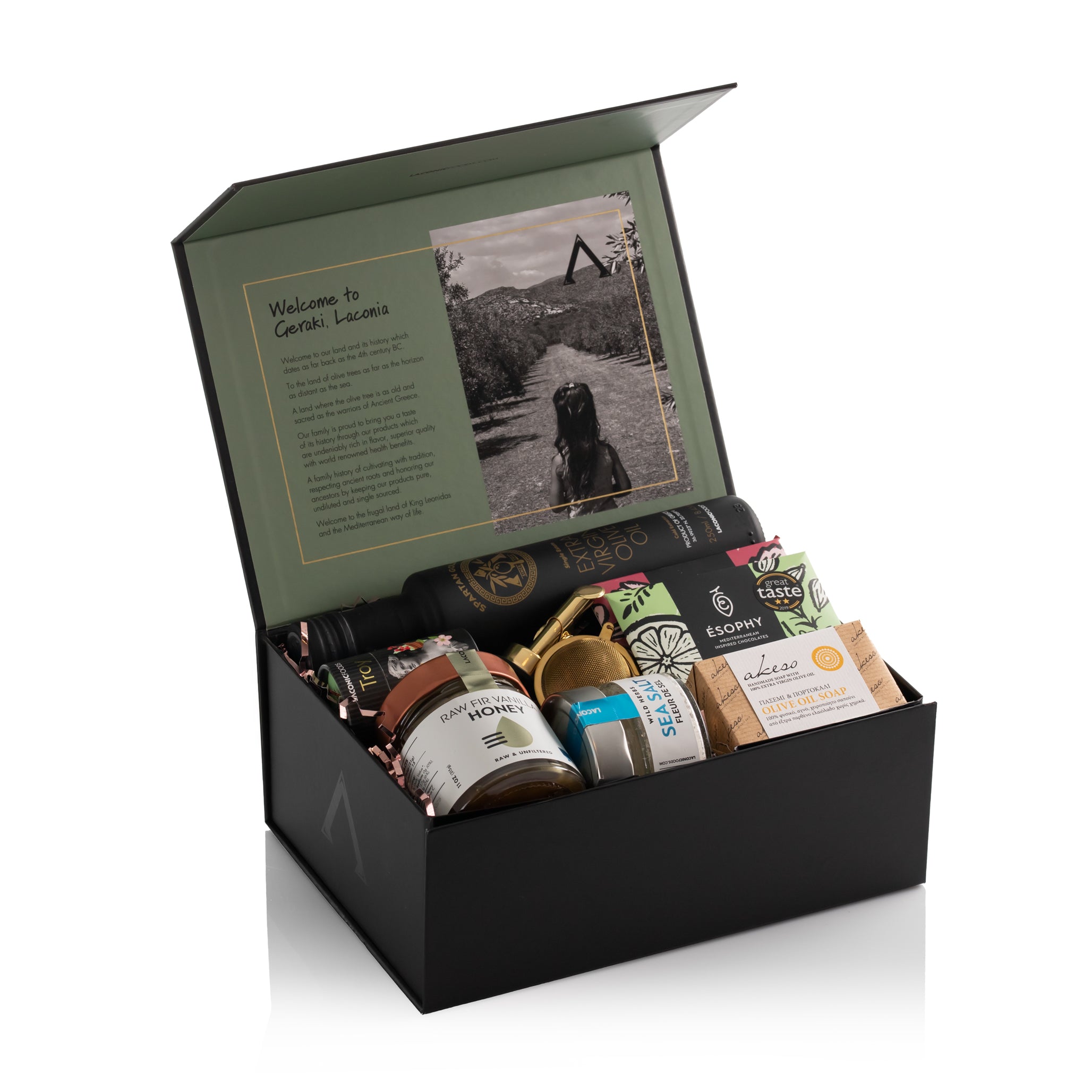 Laconic Foods Greek olive oil, honey, chocolate, tea, soap, and sea salt gift box with premium black packaging