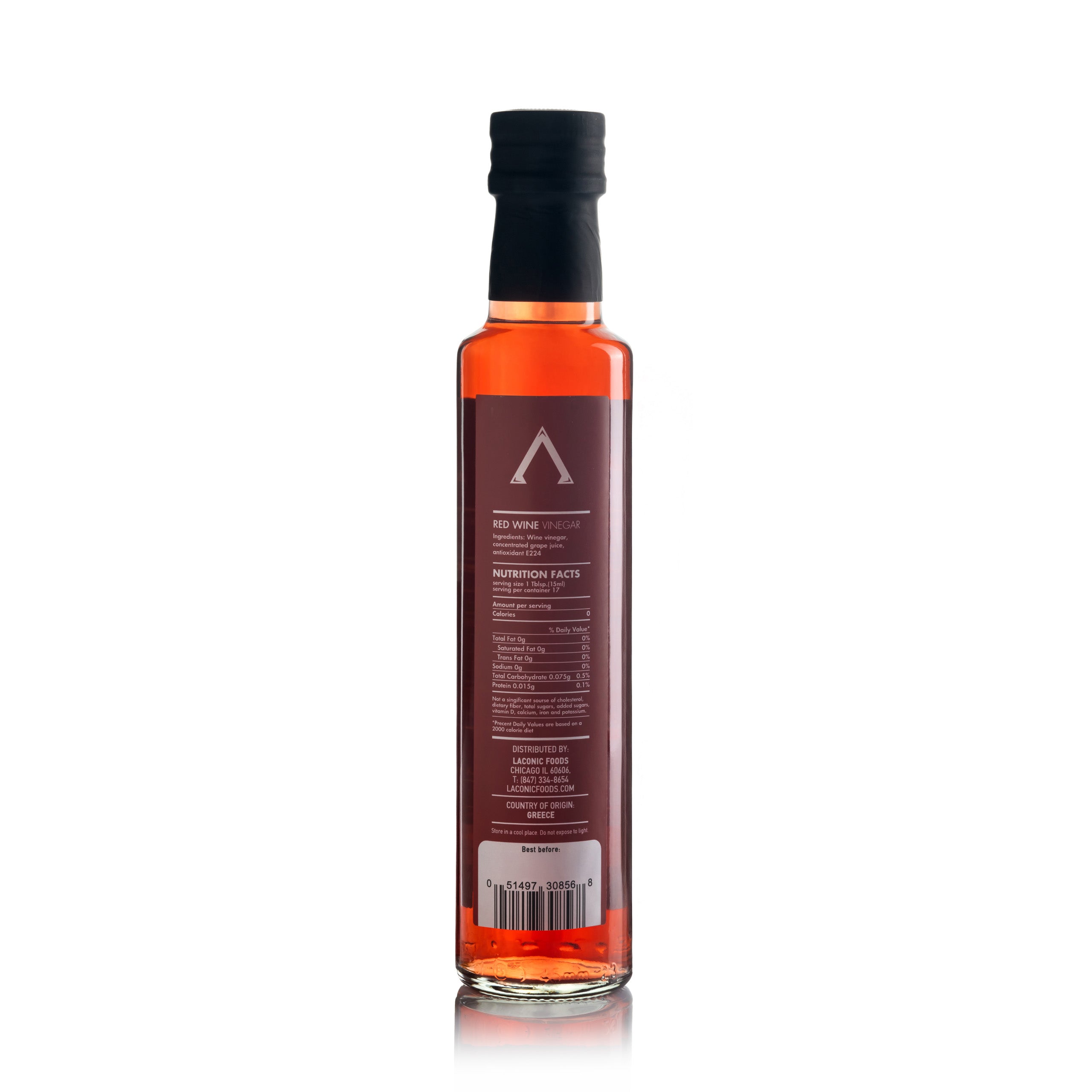 Back view of Laconic Foods Greek Red Wine Vinegar 250ml glass bottle showing nutrition facts and distributor details.