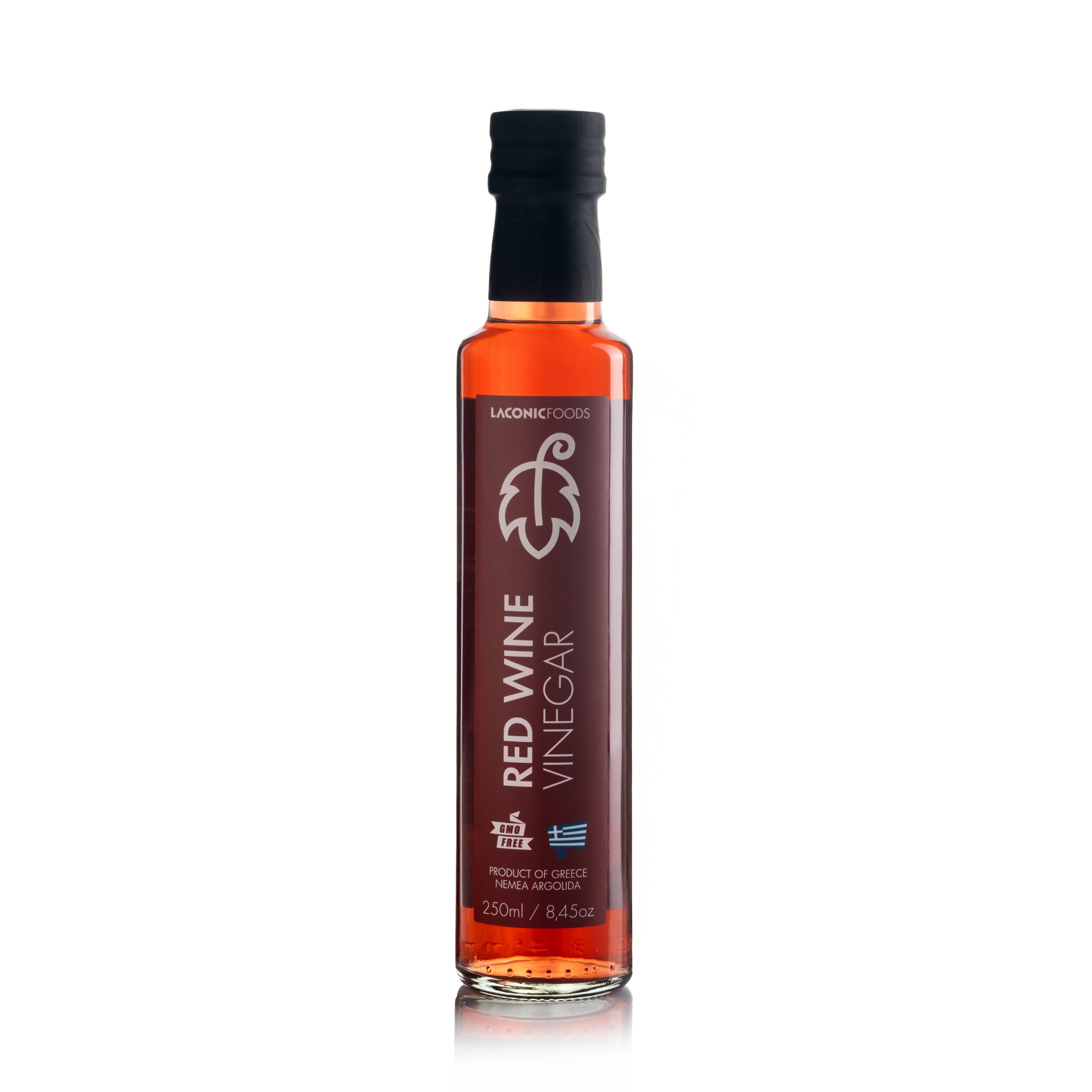 Laconic Foods Greek Red Wine Vinegar in a 250ml glass bottle with front label, product of Nemea, Greece.