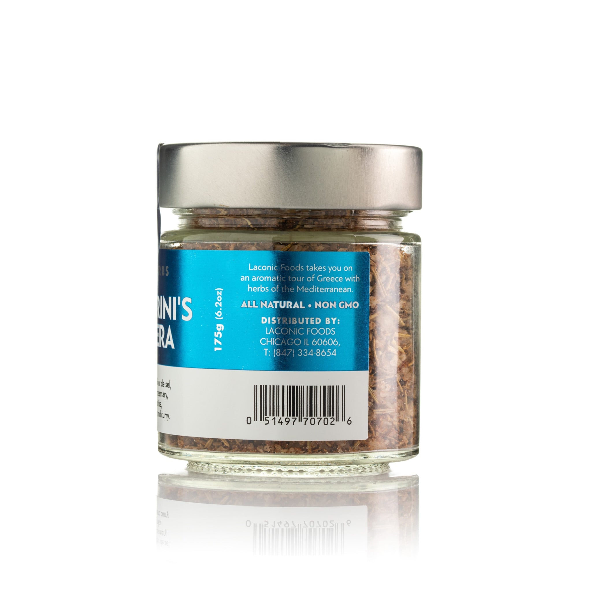 Back label of Laconic Foods Santorini’s Caldera Spice Mix – all natural, non-GMO Greek gourmet seasoning