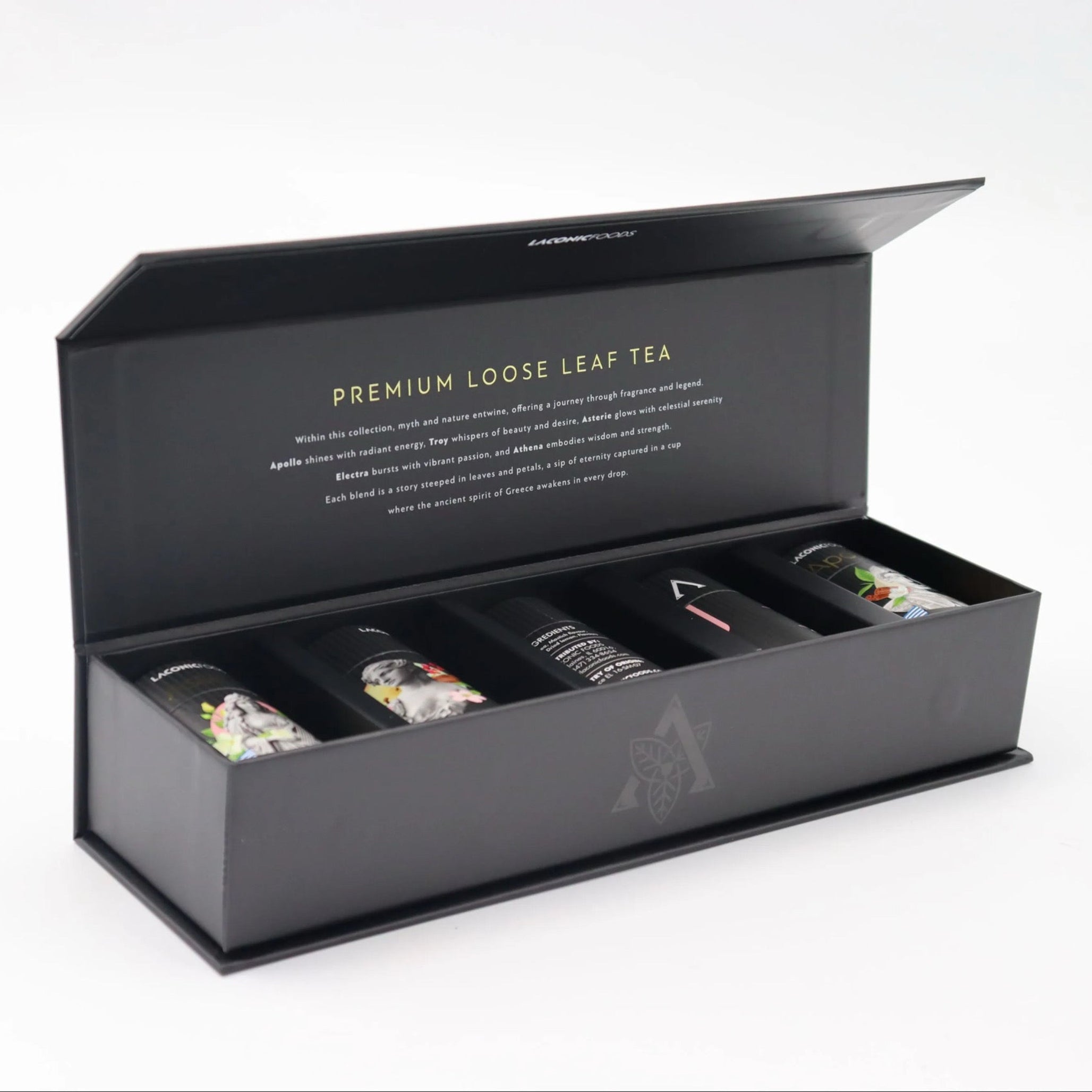 Premium Greek loose leaf tea gift box by Laconic Foods with five mini canisters displayed at an angle