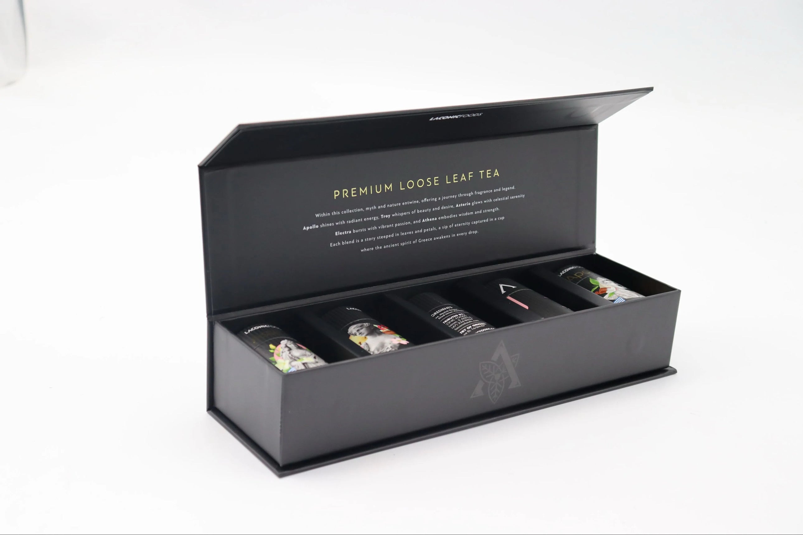 Premium Greek loose leaf tea gift box by Laconic Foods with five mini canisters displayed at an angle
