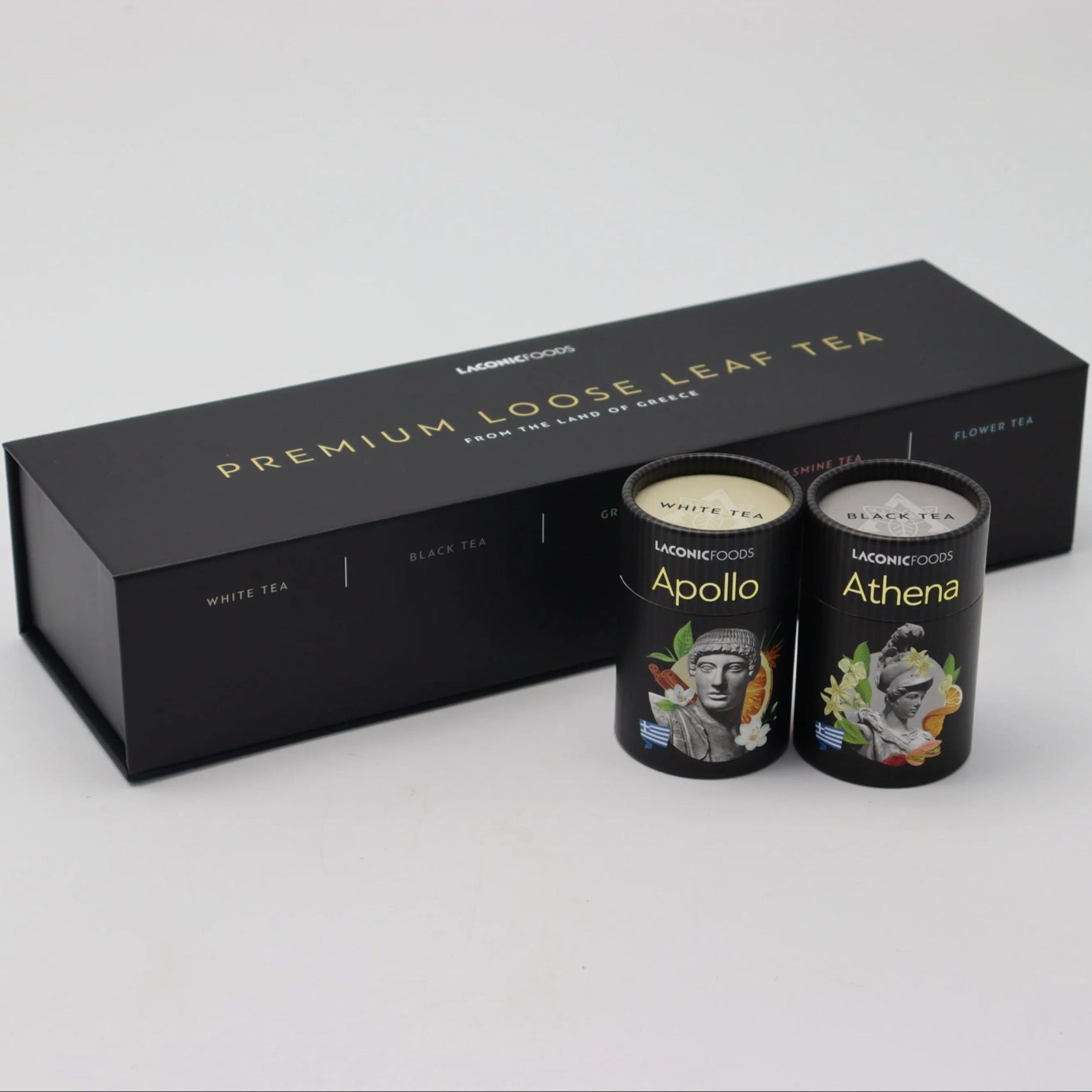 Laconic Foods Apollo and Athena teas beside premium Greek tea gift box