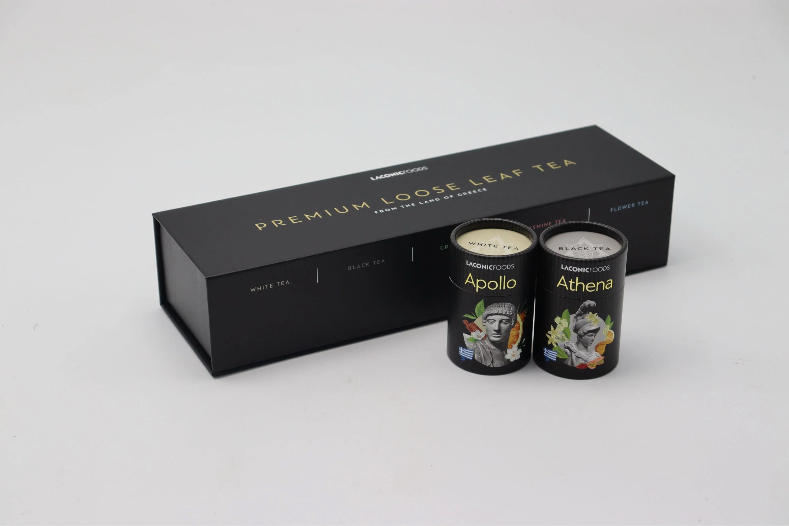 Laconic Foods Apollo and Athena teas beside premium Greek tea gift box