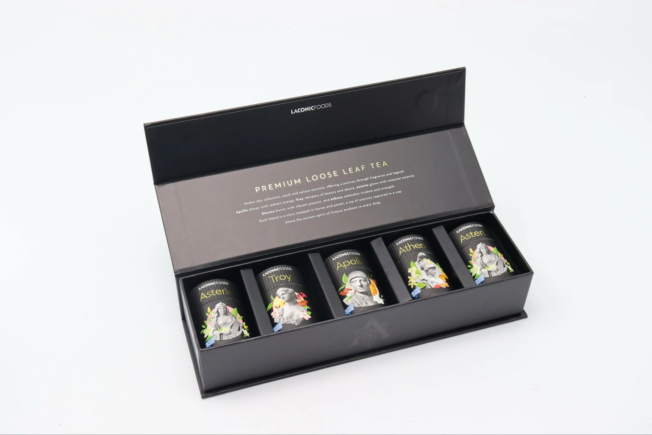 Open Laconic Foods tea gift box with Asterie, Troy, Apollo, Athena, and Electra canisters