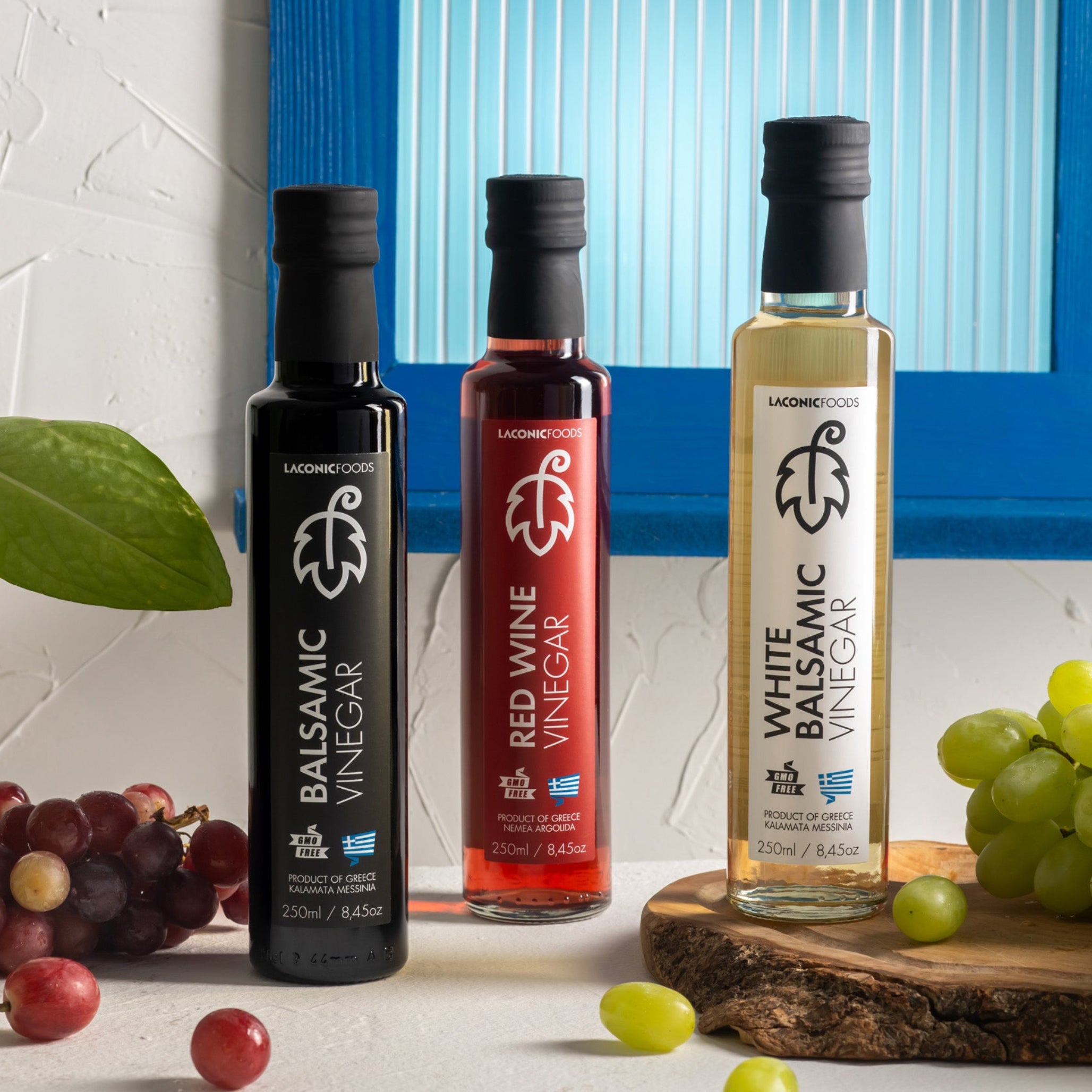 Laconic Foods Greek vinegar collection featuring Balsamic, Red Wine, and White Balsamic Vinegars in 250ml bottles