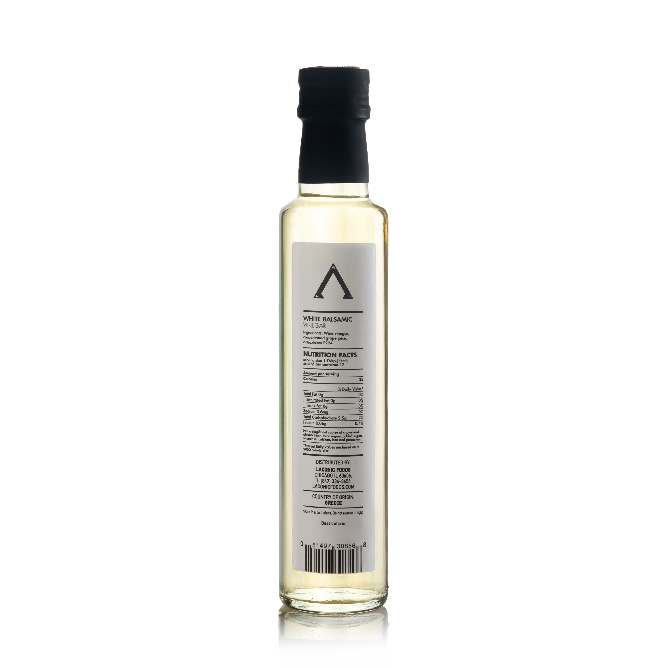 Laconic Foods Greek White Balsamic Vinegar 250ml bottle back label with nutrition facts.