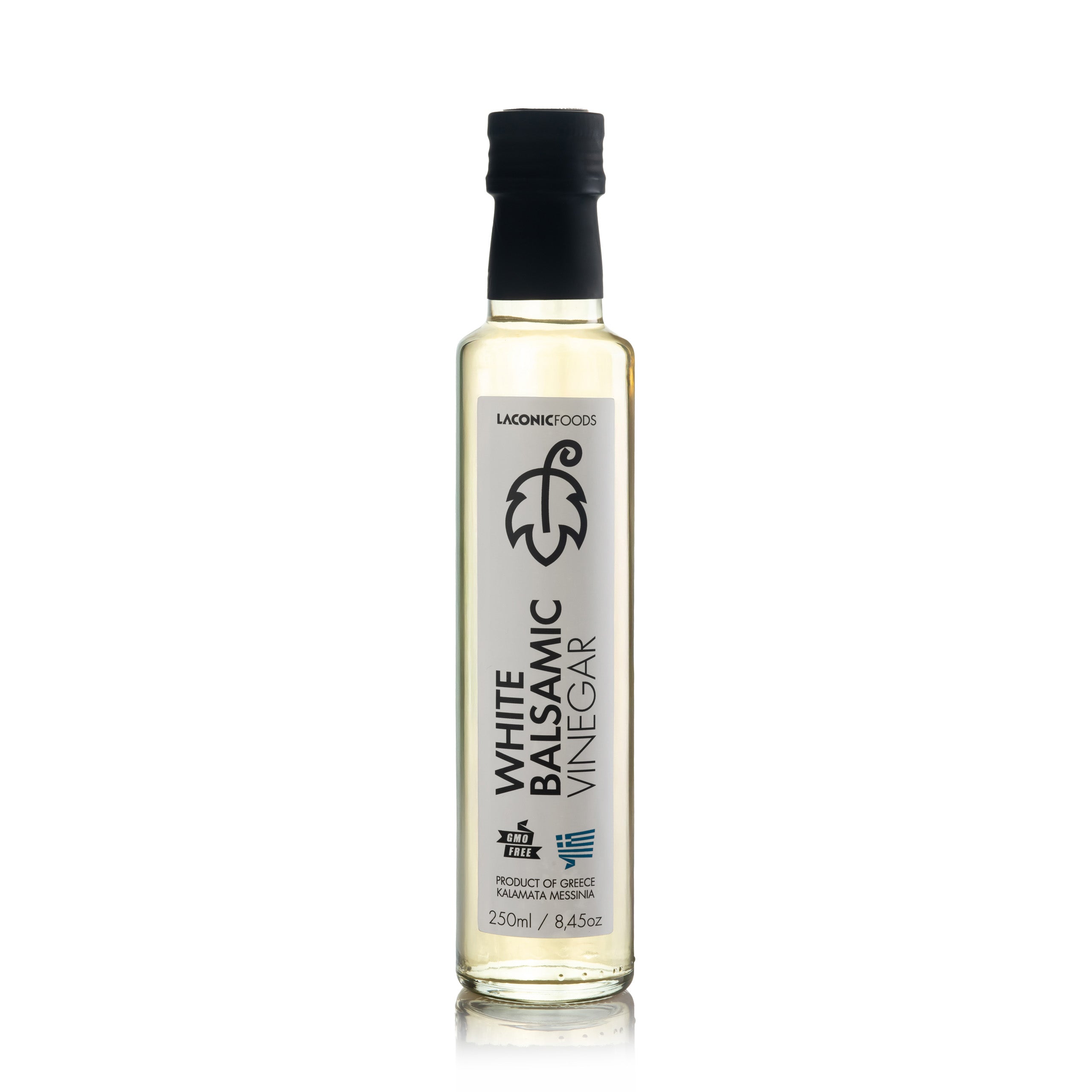 Laconic Foods Greek White Balsamic Vinegar 250ml glass bottle front view on white background.