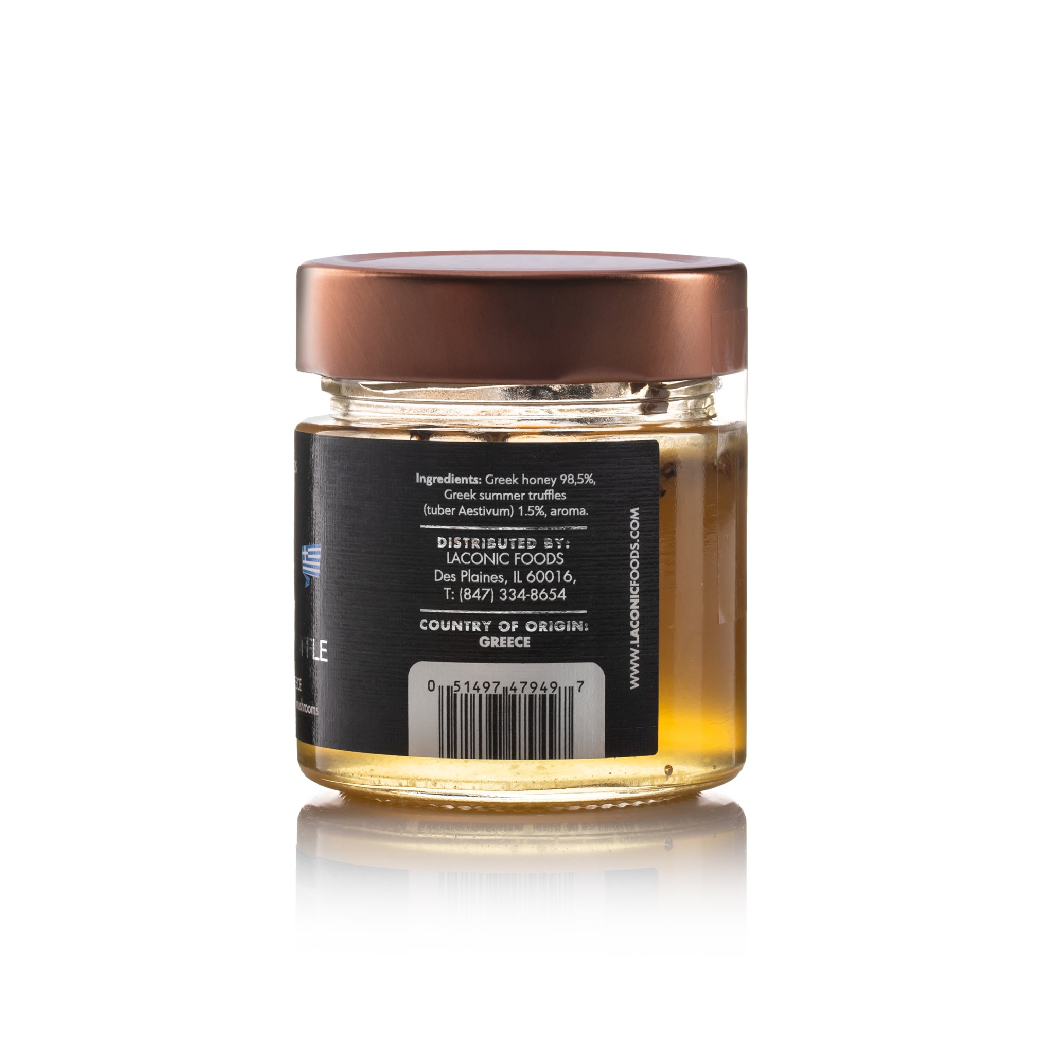 Back label of Laconic Foods Honey with Black Truffle 250g jar – ingredient details showing Greek honey and Greek summer truffles.