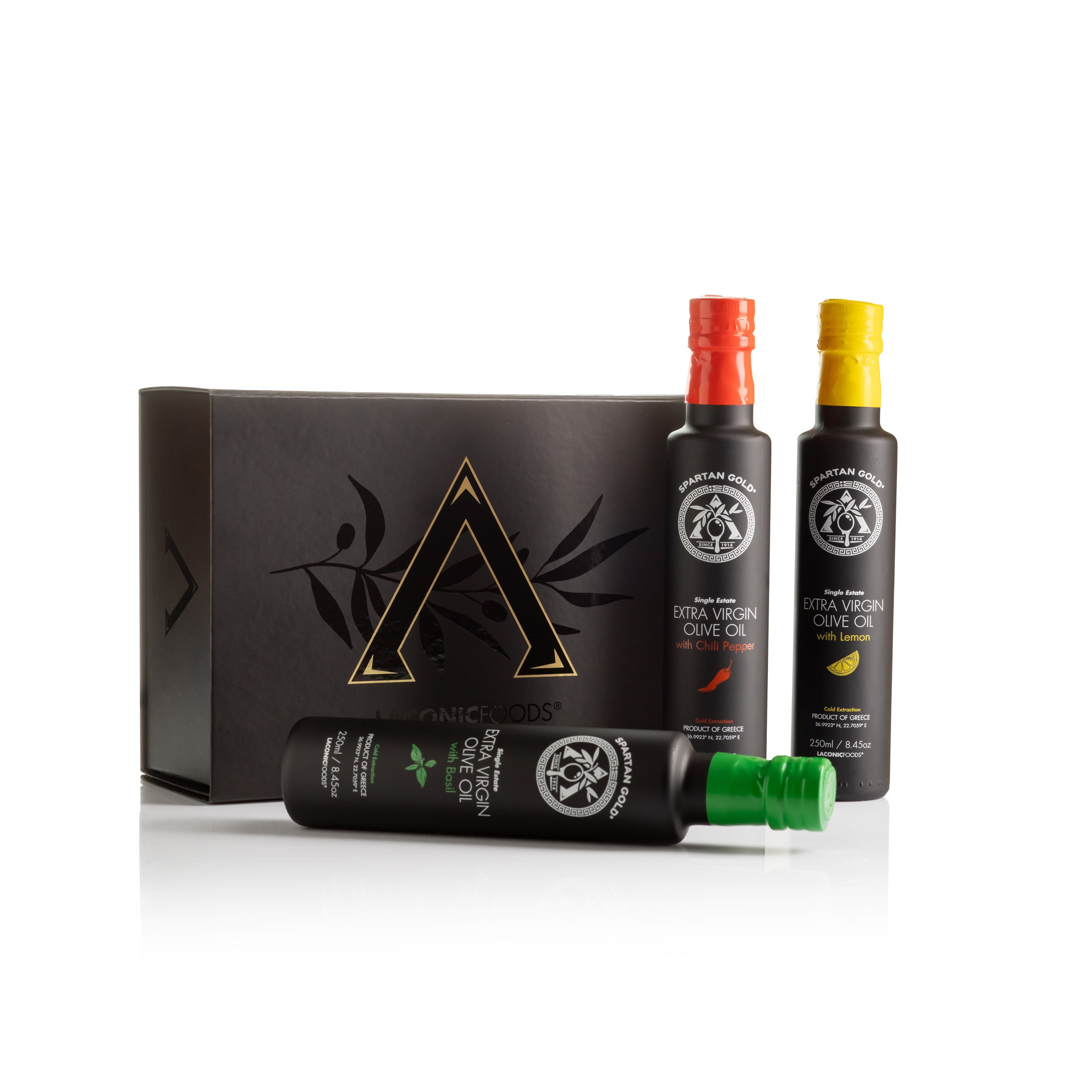 Laconic Foods Infused Olive Oil Trio Gift Box with Basil, Chili, and Lemon bottles displayed upright.