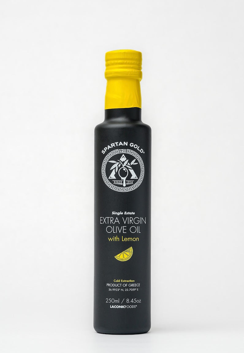 Front view of Laconic Foods Lemon Infused Extra Virgin Olive Oil 250ml bottle with yellow cap