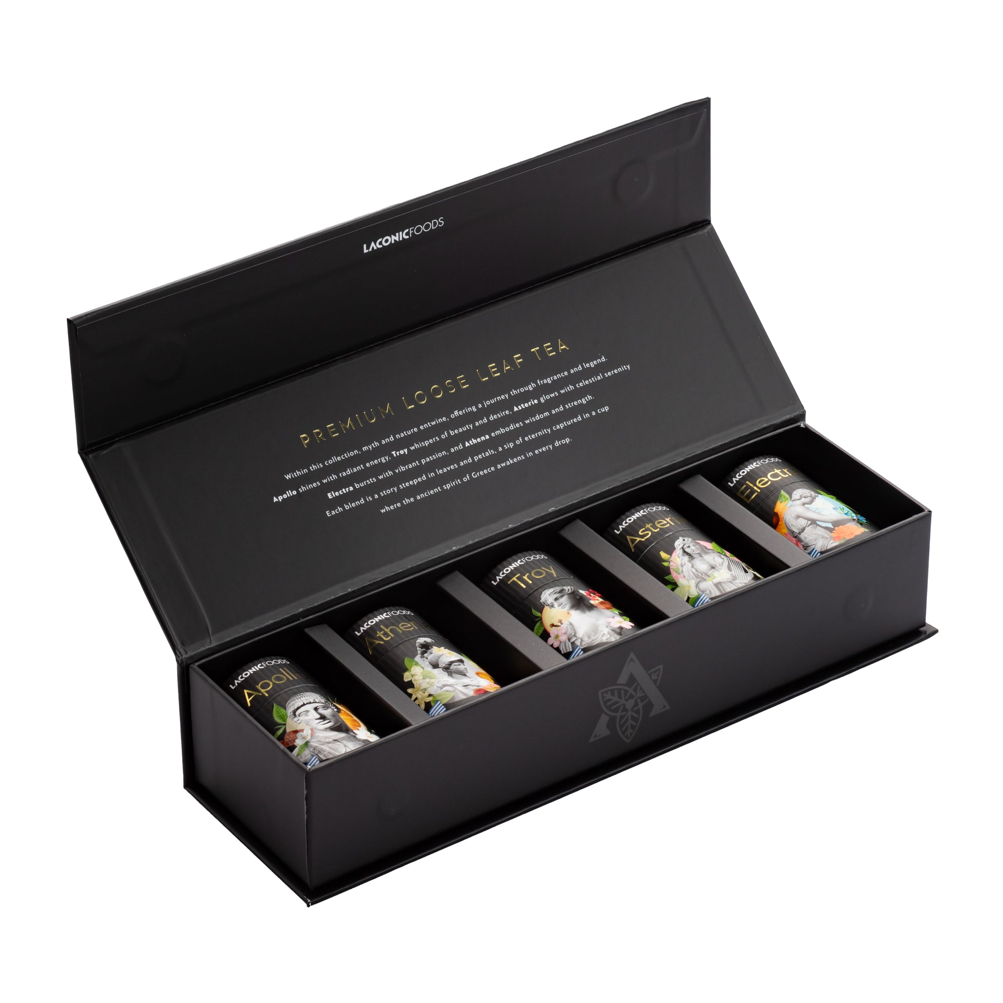 Open Laconic Foods mini loose leaf tea gift box showcasing five premium Greek teas in individual compartments