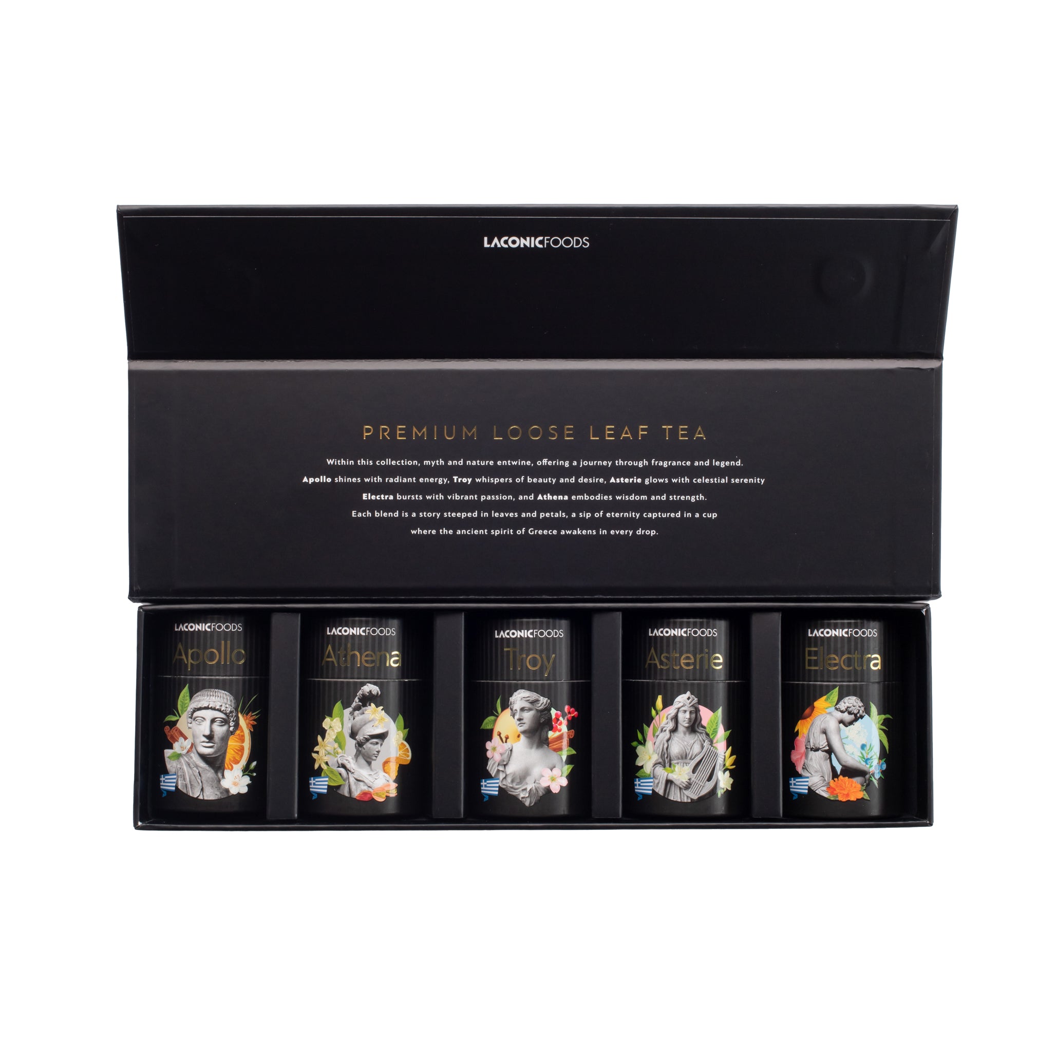Top view of Laconic Foods mini loose leaf tea gift set showing five artisanal Greek tea tins arranged inside the luxury box