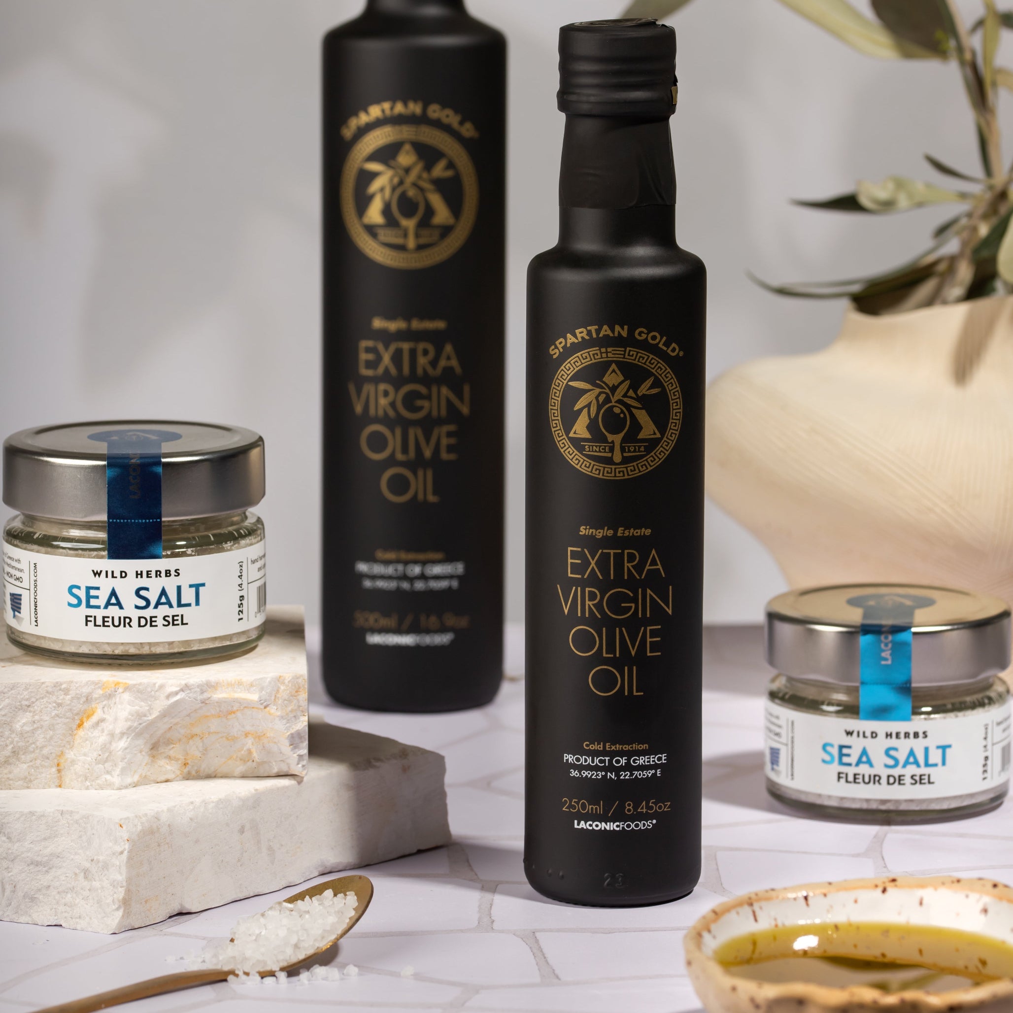 Laconic Foods Greek Fleur de Sel Sea Salt with extra virgin olive oil and serving spoon – gourmet pairing set