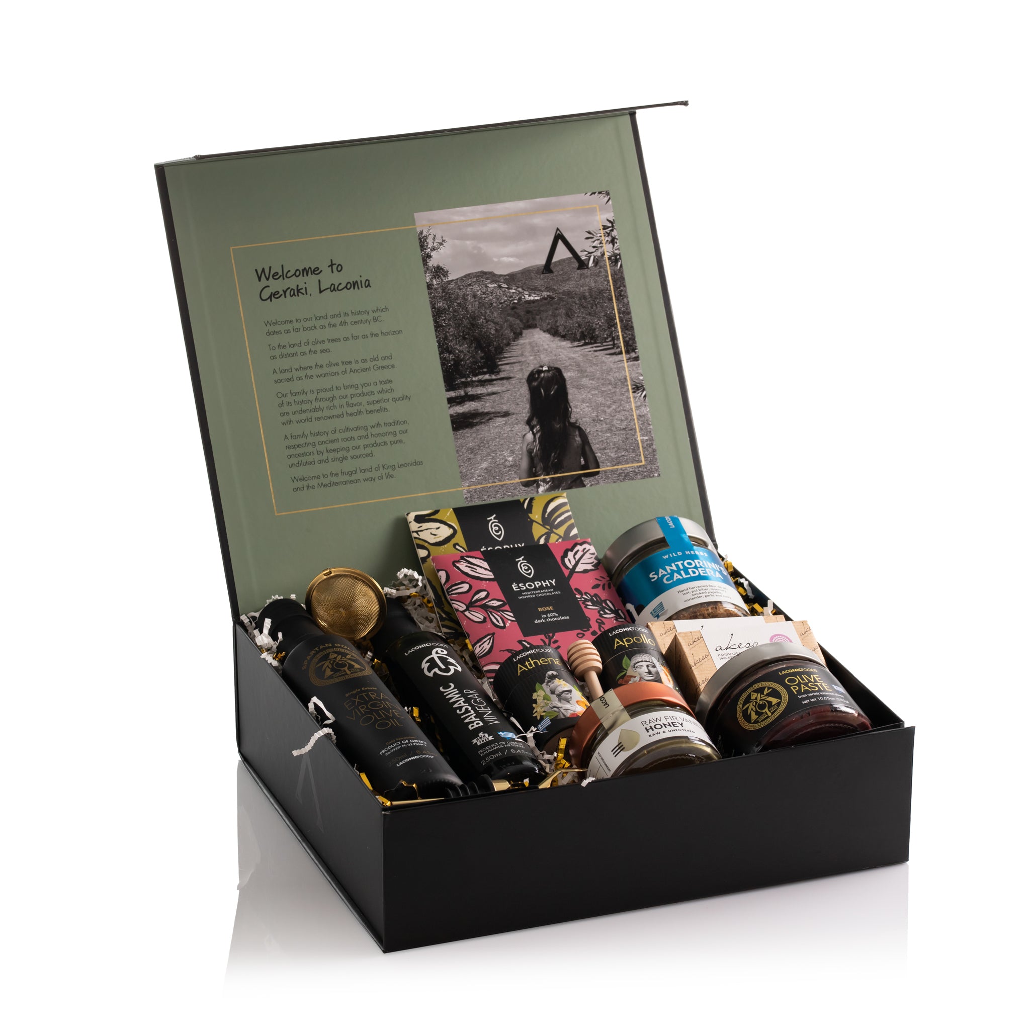 Premium Laconic Foods Greek gift box with olive oil, vinegar, honey, teas, handmade chocolates, soap, olive paste, spice blend, and accessories