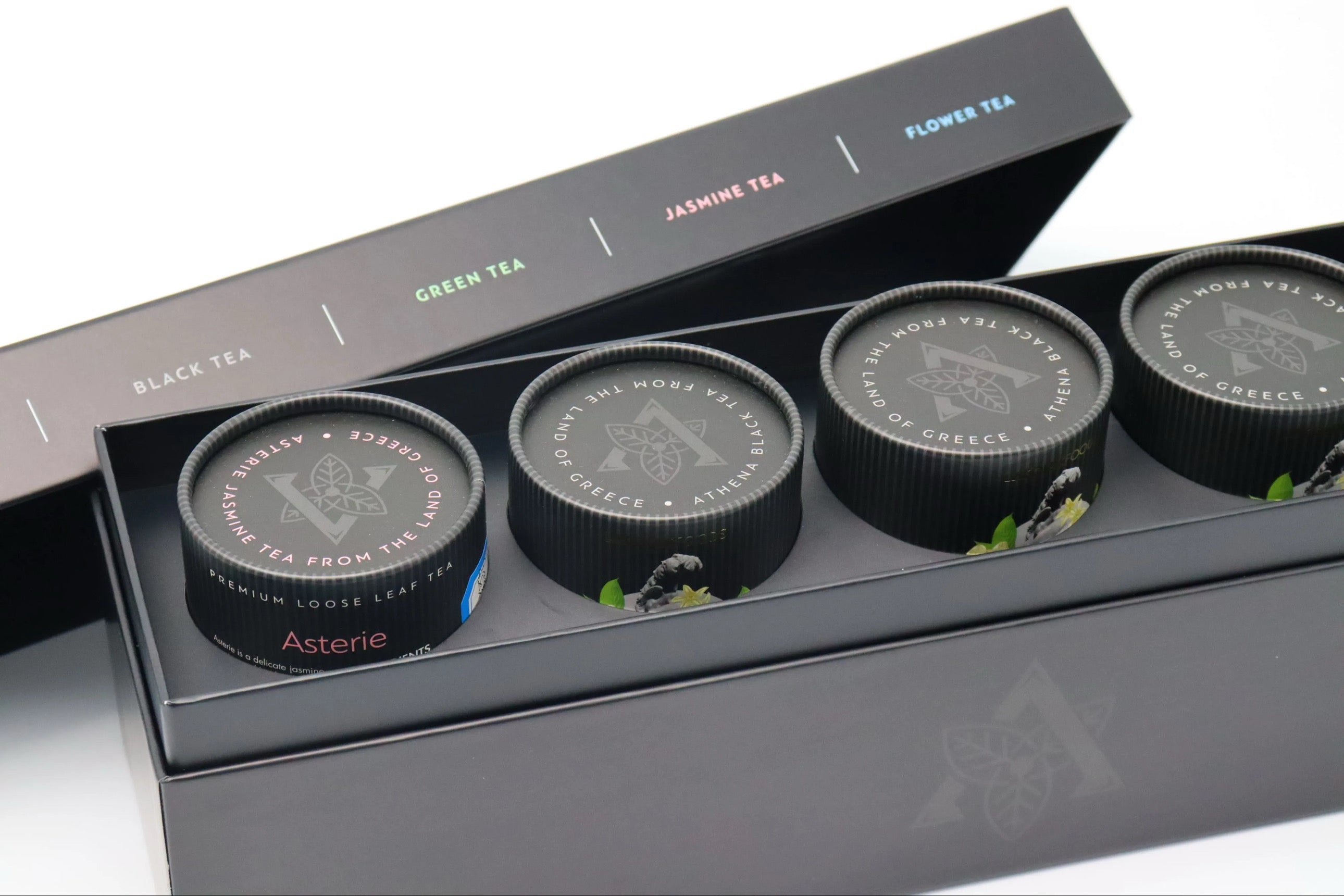 Top view of the Greek Mythos Tea Collection gift box showing labeled sections for black, green, jasmine, and flower teas.