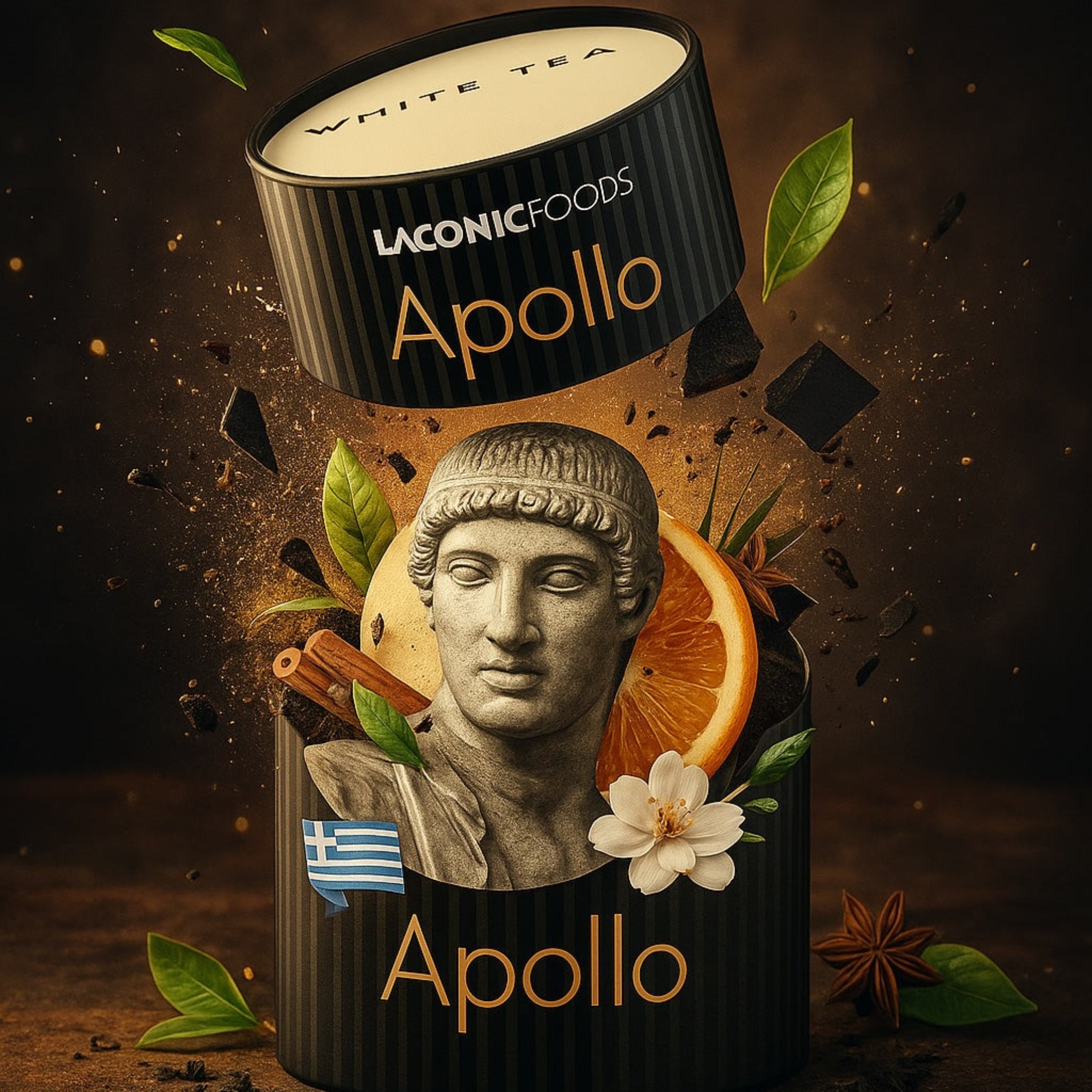 Laconic Foods Apollo White Tea canister with Greek-inspired design surrounded by orange slices, cinnamon, and jasmine – premium Greek white tea artistic hero image.