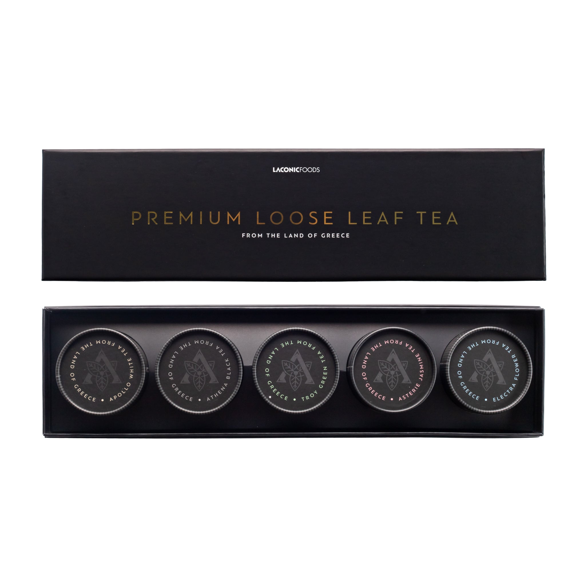 Open Laconic Foods premium loose leaf tea gift box showing five artisanal Greek teas neatly arranged inside