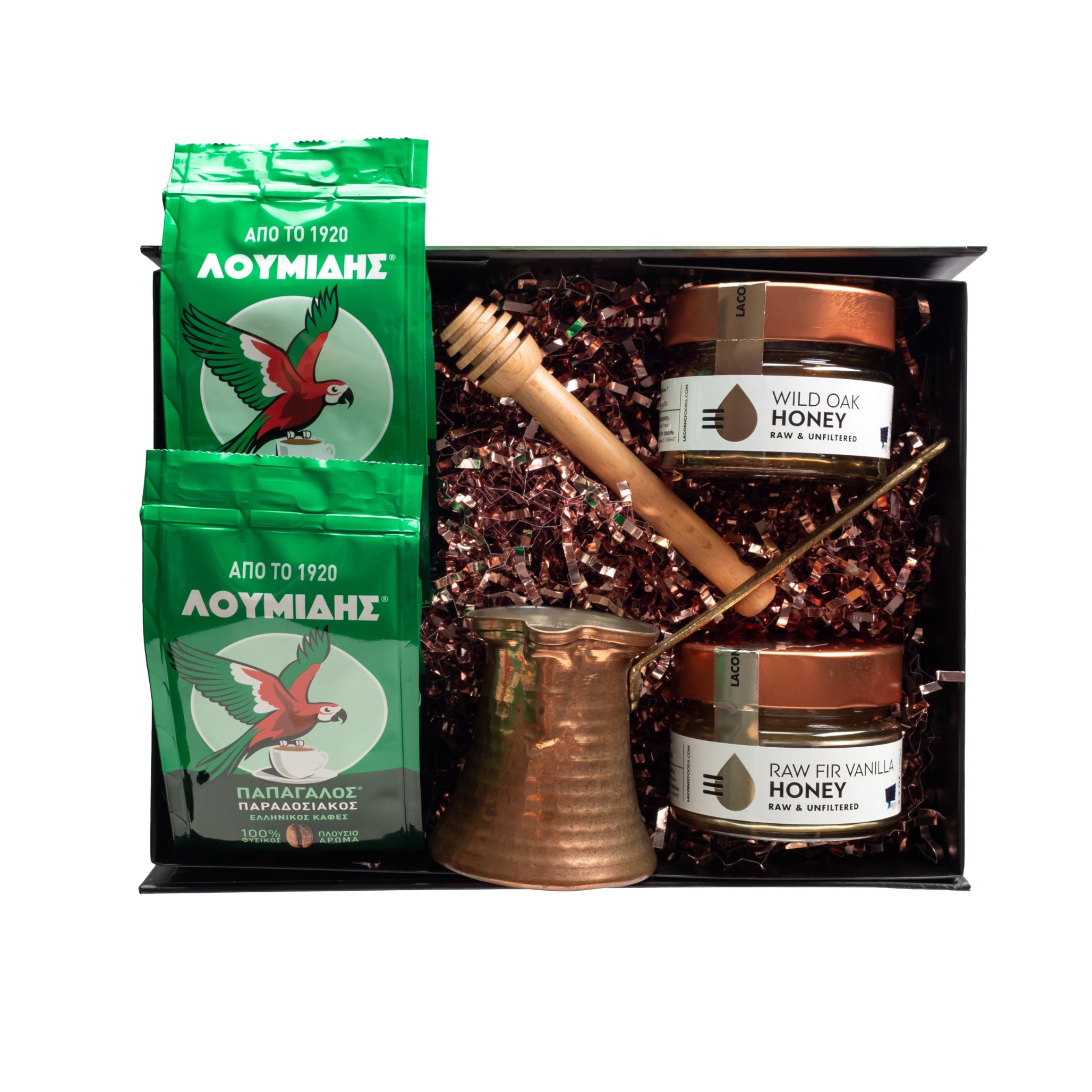 Traditional Greek Coffee and Honey Gift Box top view with Loumidis coffee, raw Greek honey, copper briki, and honey dipper in black gift box.
