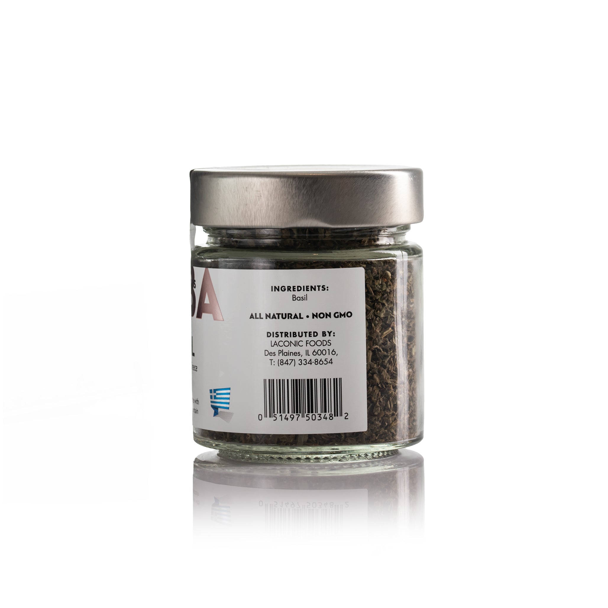 Back label of Laconic Foods Wild Greek Basil showing ingredients, barcode, and all natural non-GMO details