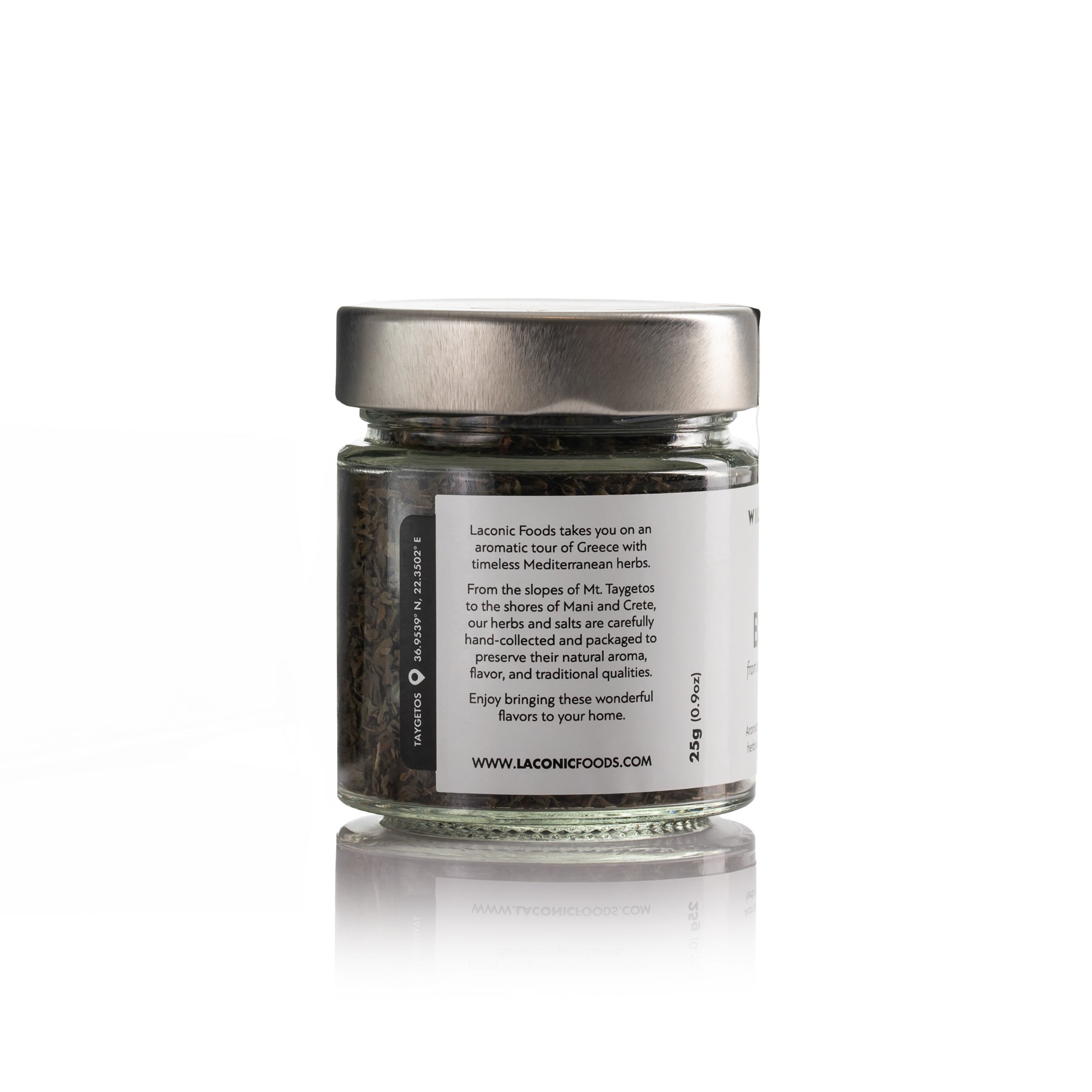 Side label of Laconic Foods Wild Greek Basil jar with Taygetos origin story and 25g size