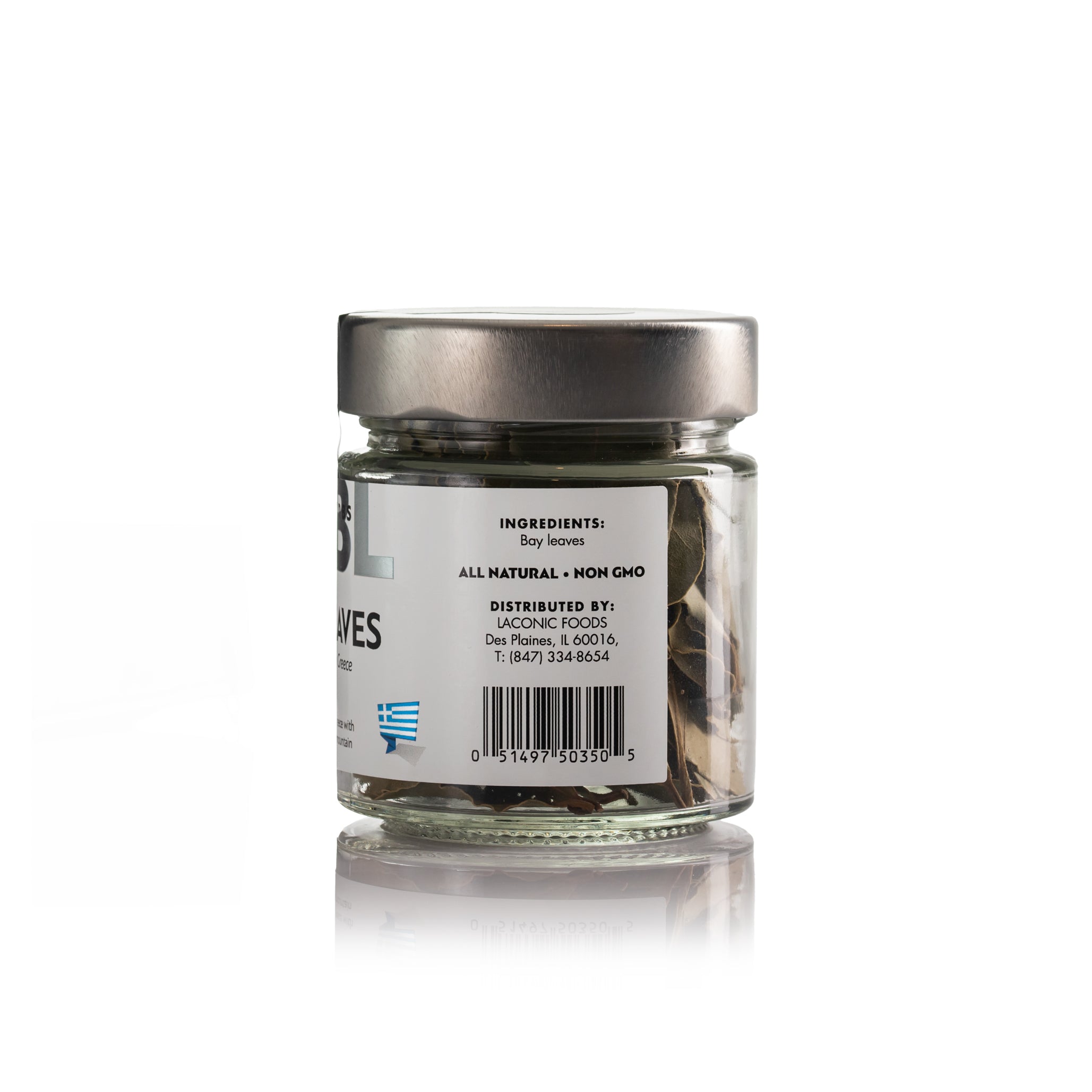Back label of Laconic Foods Wild Greek Bay Leaves showing ingredients, barcode, and all natural non-GMO details