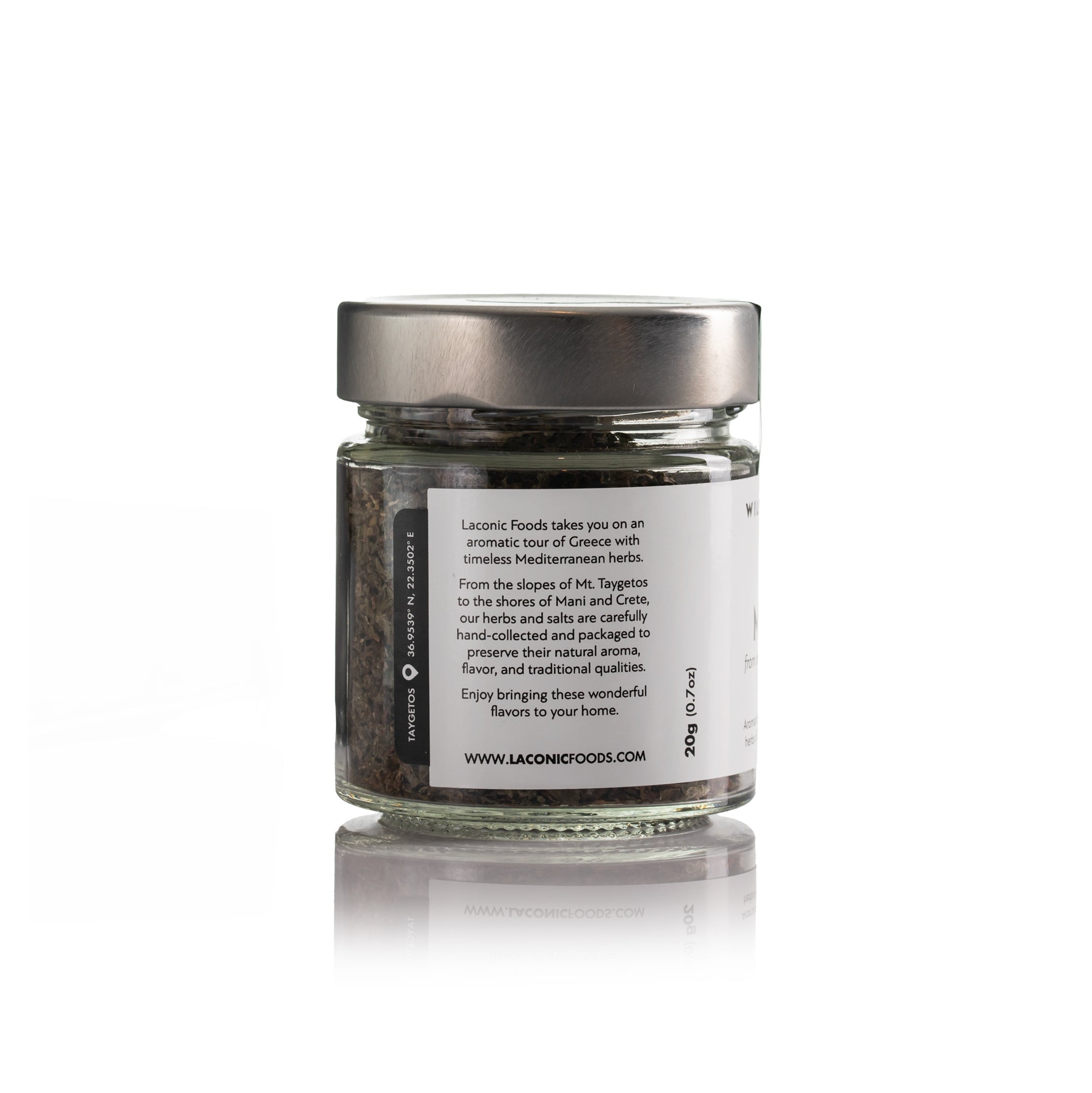 Side label of Laconic Foods Wild Greek Mint jar with Taygetos origin story and 20g size