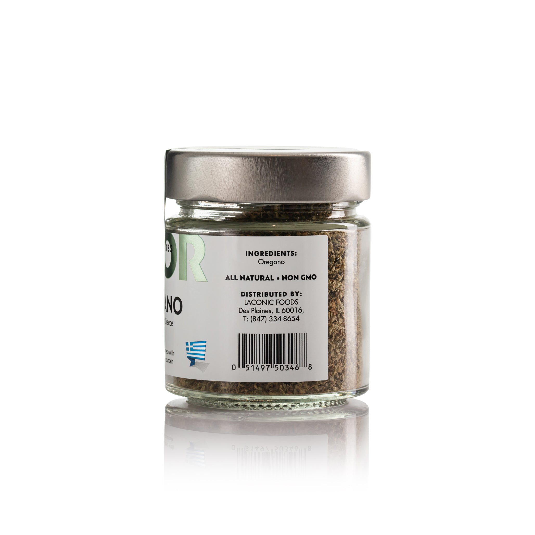 Back label of Laconic Foods Wild Greek Oregano showing ingredients, barcode, and all natural non-GMO details