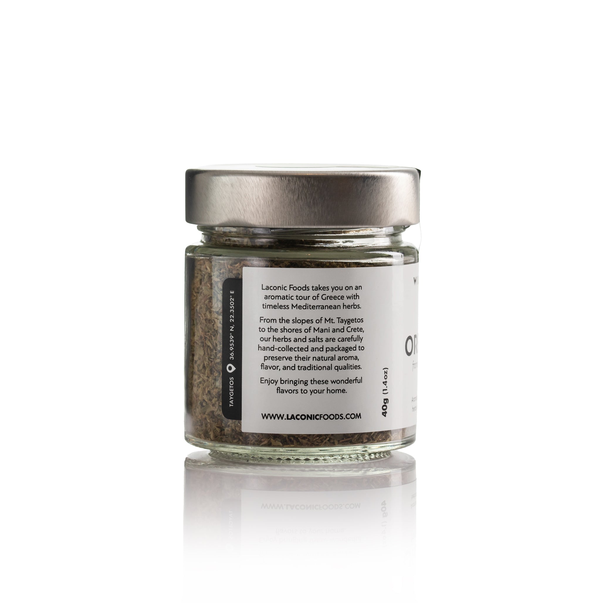 Side label of Laconic Foods Wild Greek Oregano jar with Taygetos origin story and 40g size