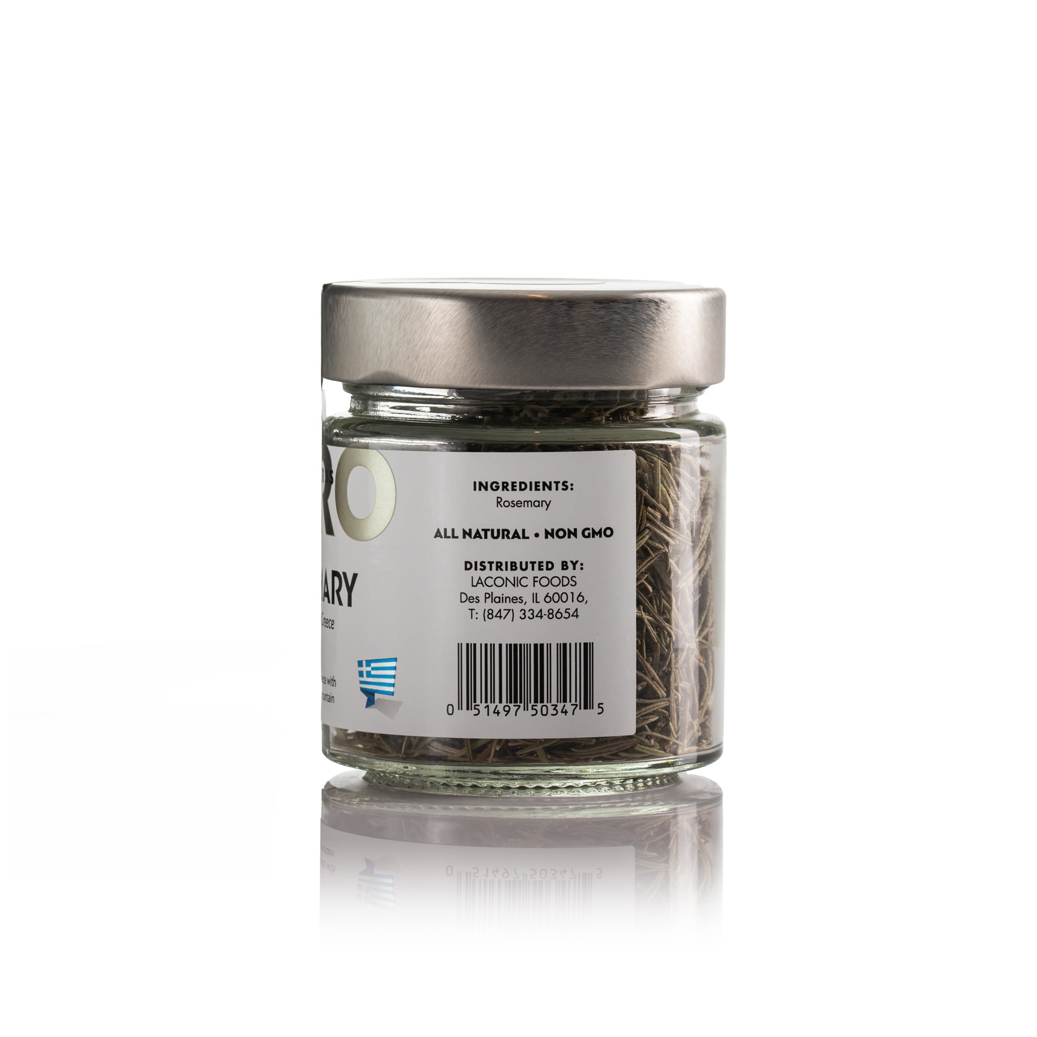 Back label of Laconic Foods Wild Greek Rosemary showing ingredients, barcode, and all natural non-GMO details