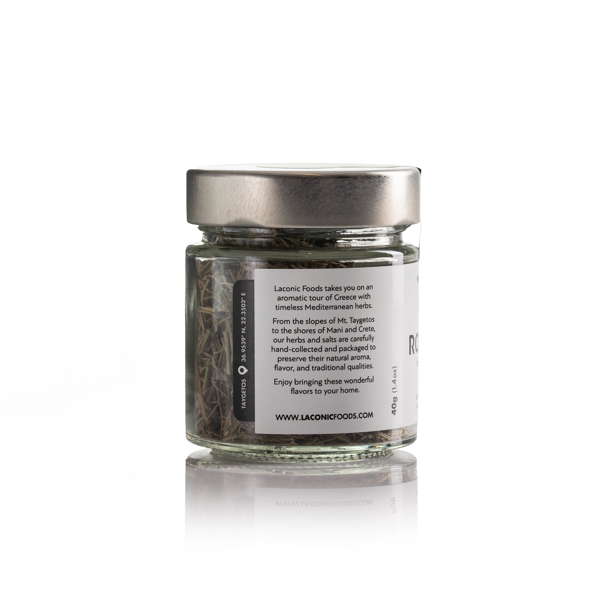 Side label of Laconic Foods Wild Greek Rosemary jar with Taygetos origin story and 40g size