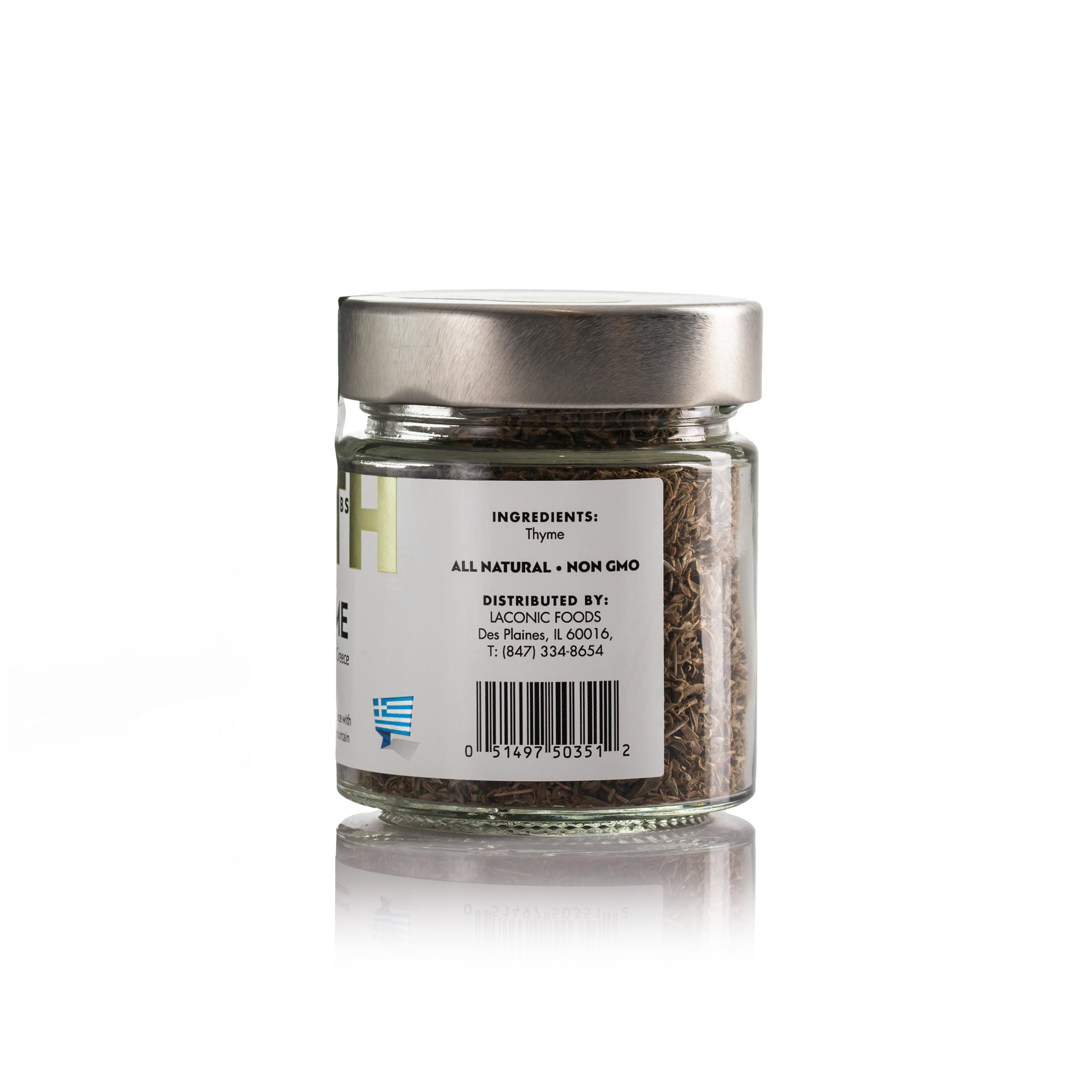 Back label of Laconic Foods Wild Greek Thyme showing ingredients, barcode, and all natural non-GMO details
