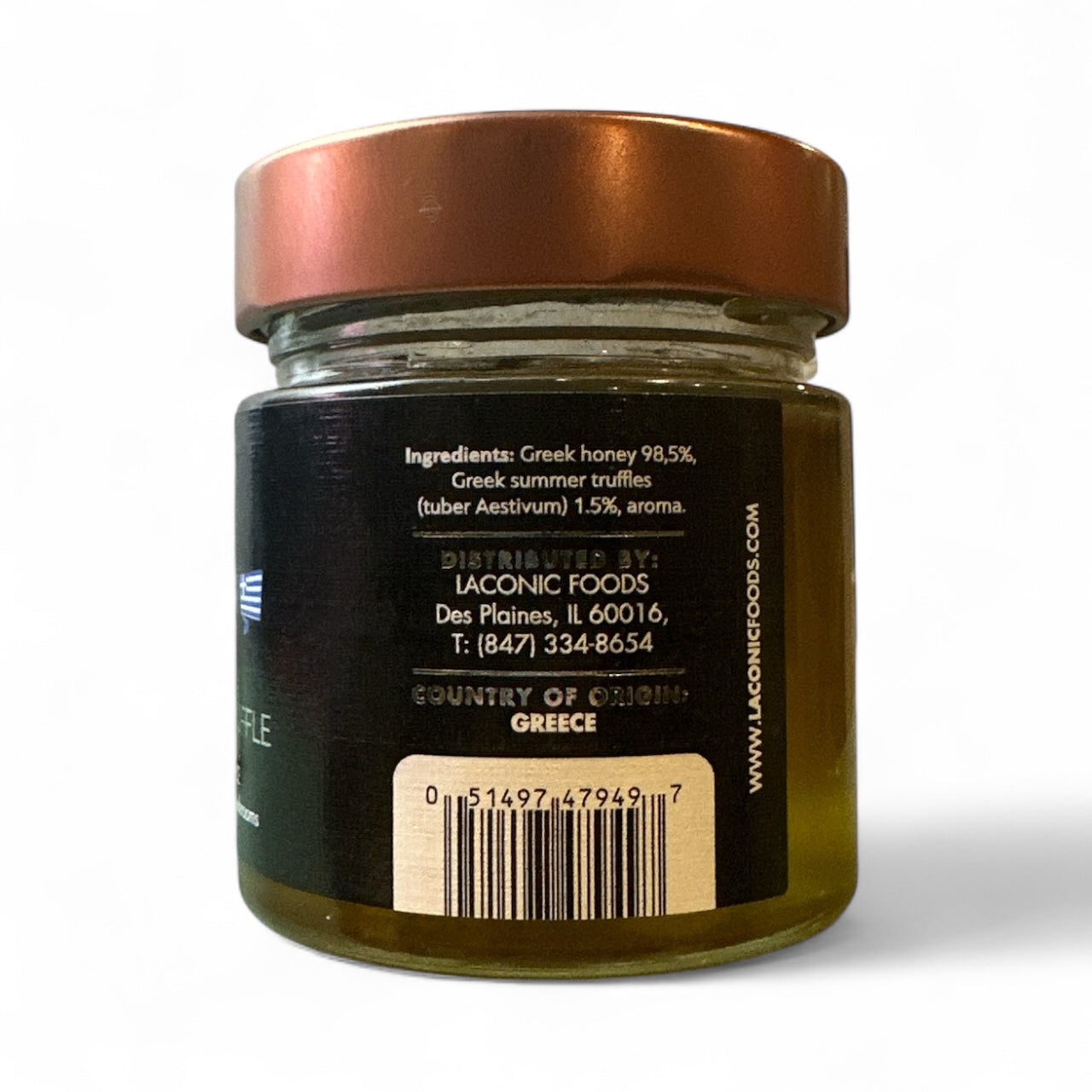 Back view of Laconic Foods Wildflower Honey with Black Truffle 250g jar showing ingredients, distributor information, and barcode.