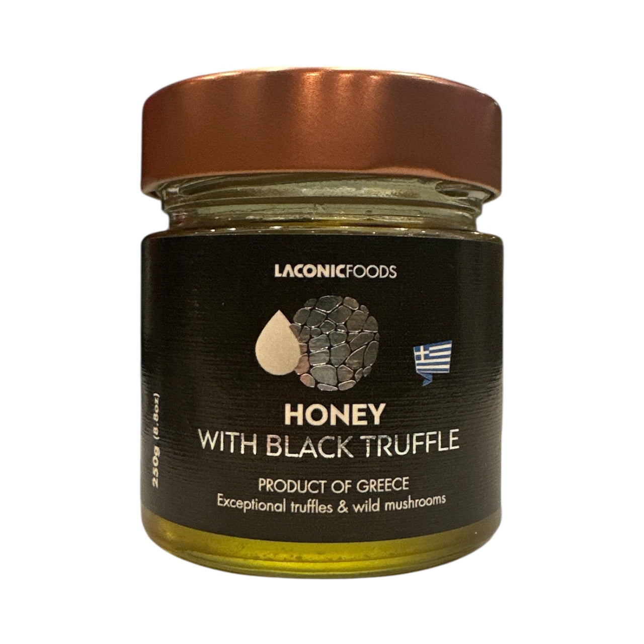 Front view of Laconic Foods Wildflower Honey with Black Truffle 250g glass jar showing product label and Greek origin.