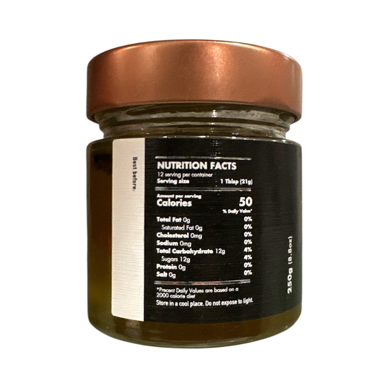 Side view of Laconic Foods Wildflower Honey with Black Truffle 250g jar showing nutrition facts label and serving information.