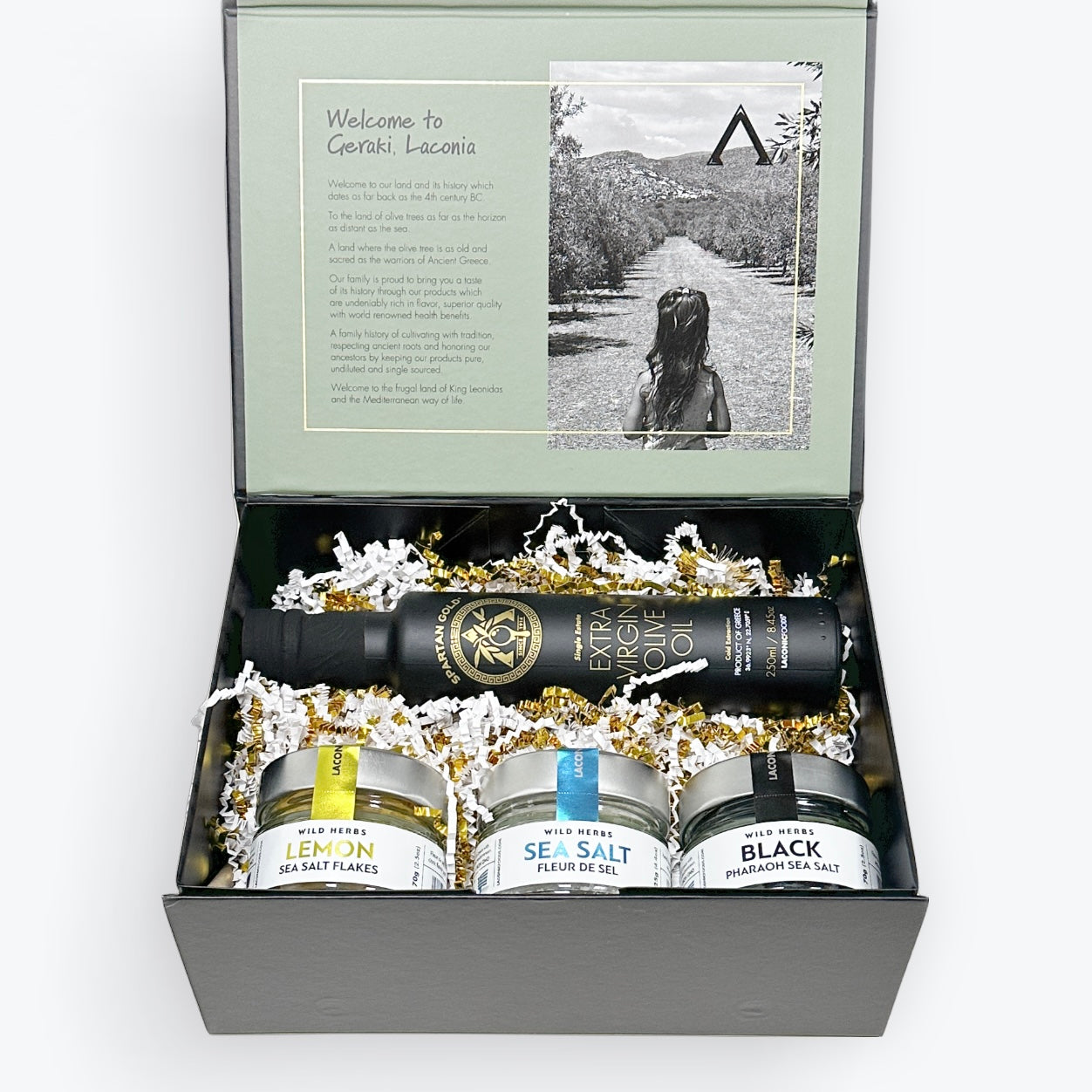 Laconic Olive Oil & Sea Salt Gift Set – 250ml Extra Virgin Olive Oil with Lemon, Fleur de Sel & Black Pharaoh Sea Salt in Luxury Box