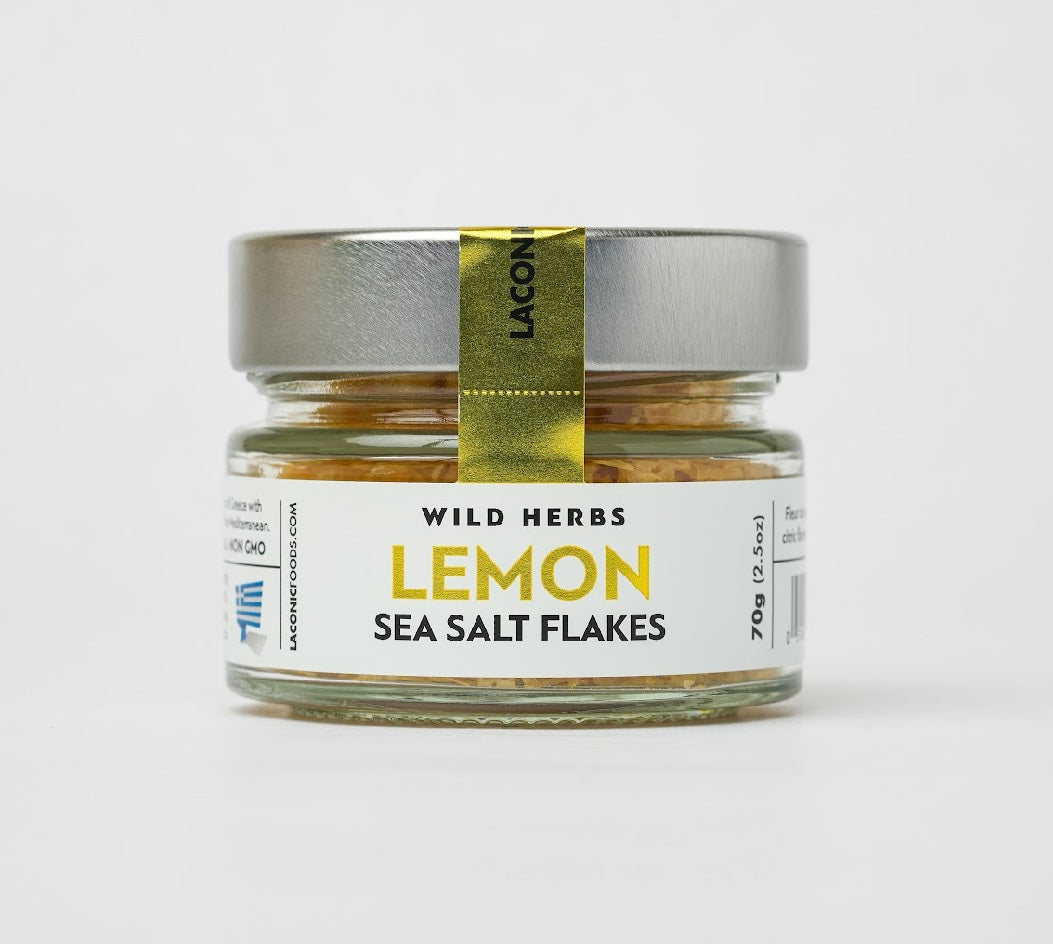 Front view of Laconic Foods Lemon Sea Salt Flakes jar, 70g wild herbs blend