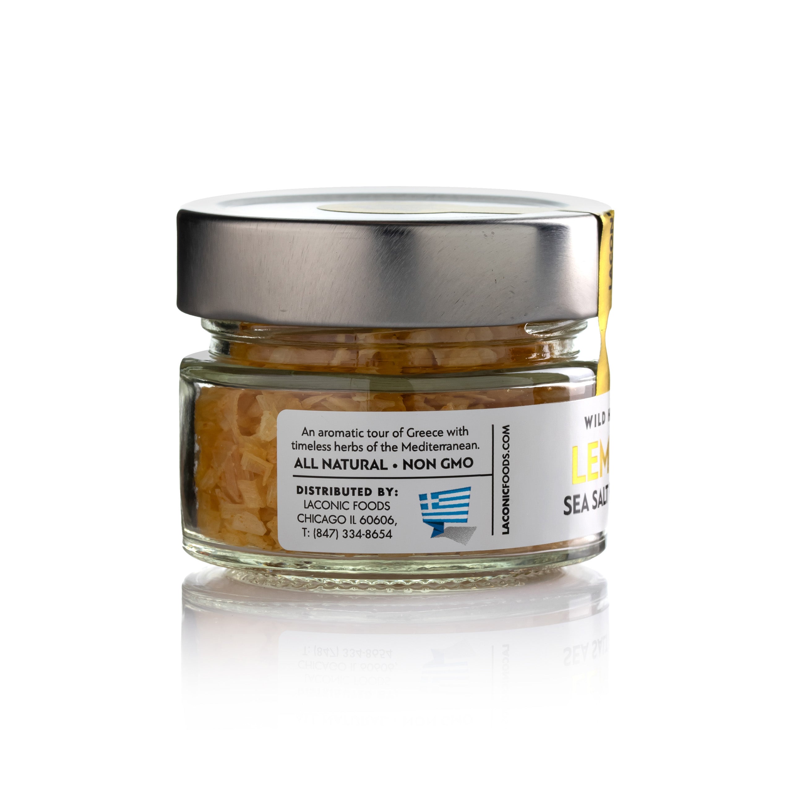 Back label of Laconic Foods Lemon Sea Salt Flakes – all natural, non-GMO Greek gourmet seasoning
