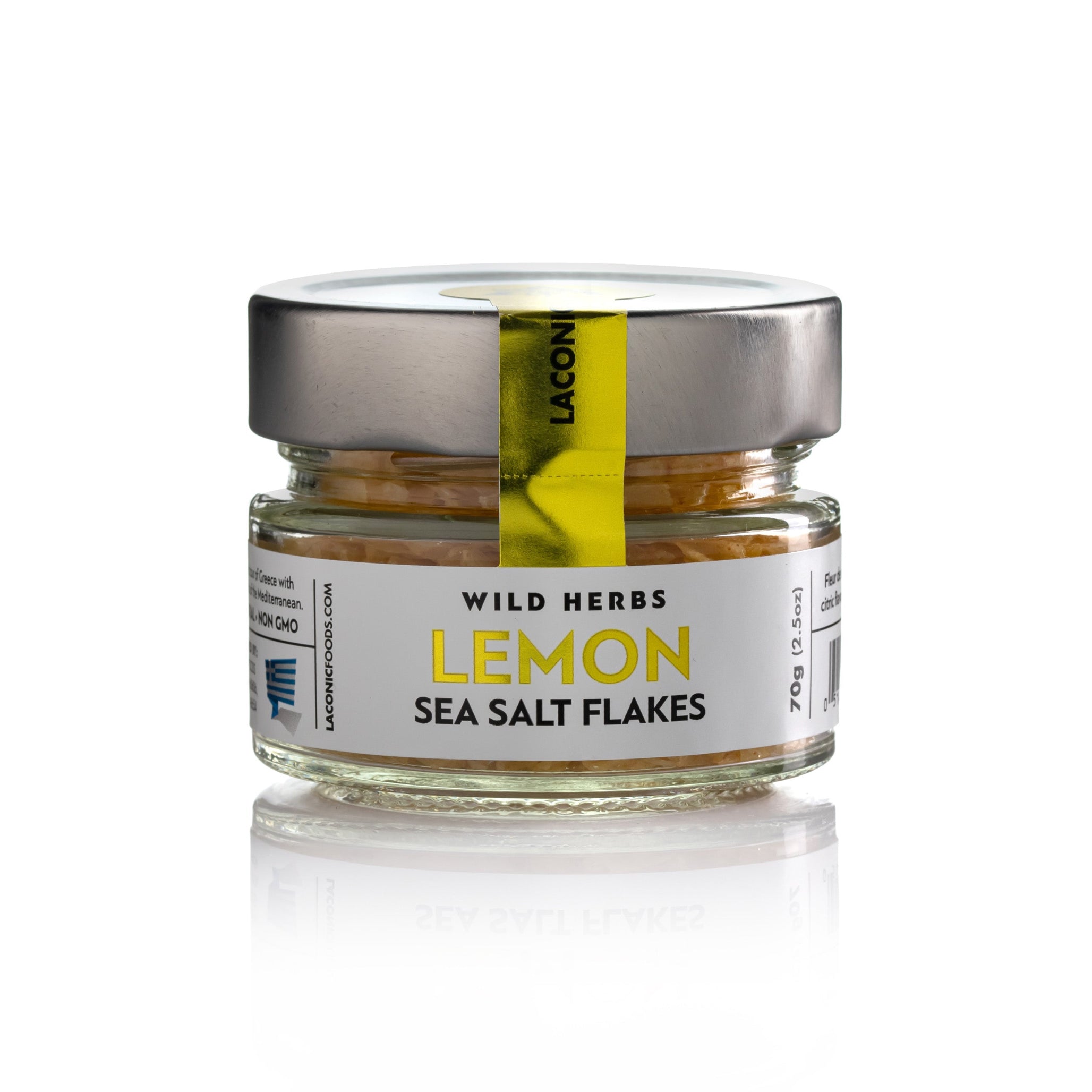 Laconic Foods Greek Lemon Sea Salt Flakes 70g jar – gourmet fleur de sel with turmeric and citrus flavor