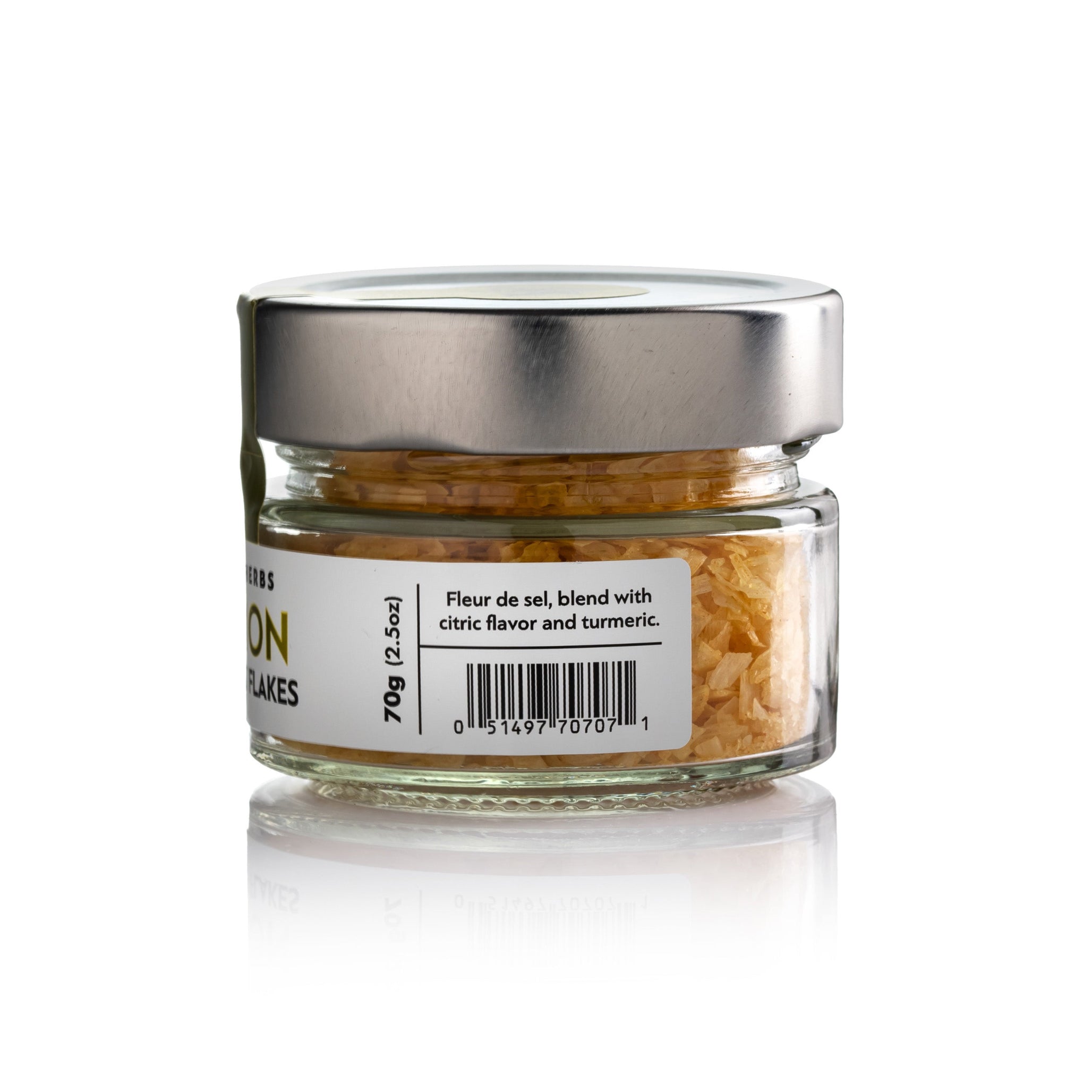 Side view of Laconic Foods Lemon Sea Salt Flakes 70g jar with ingredients and barcode