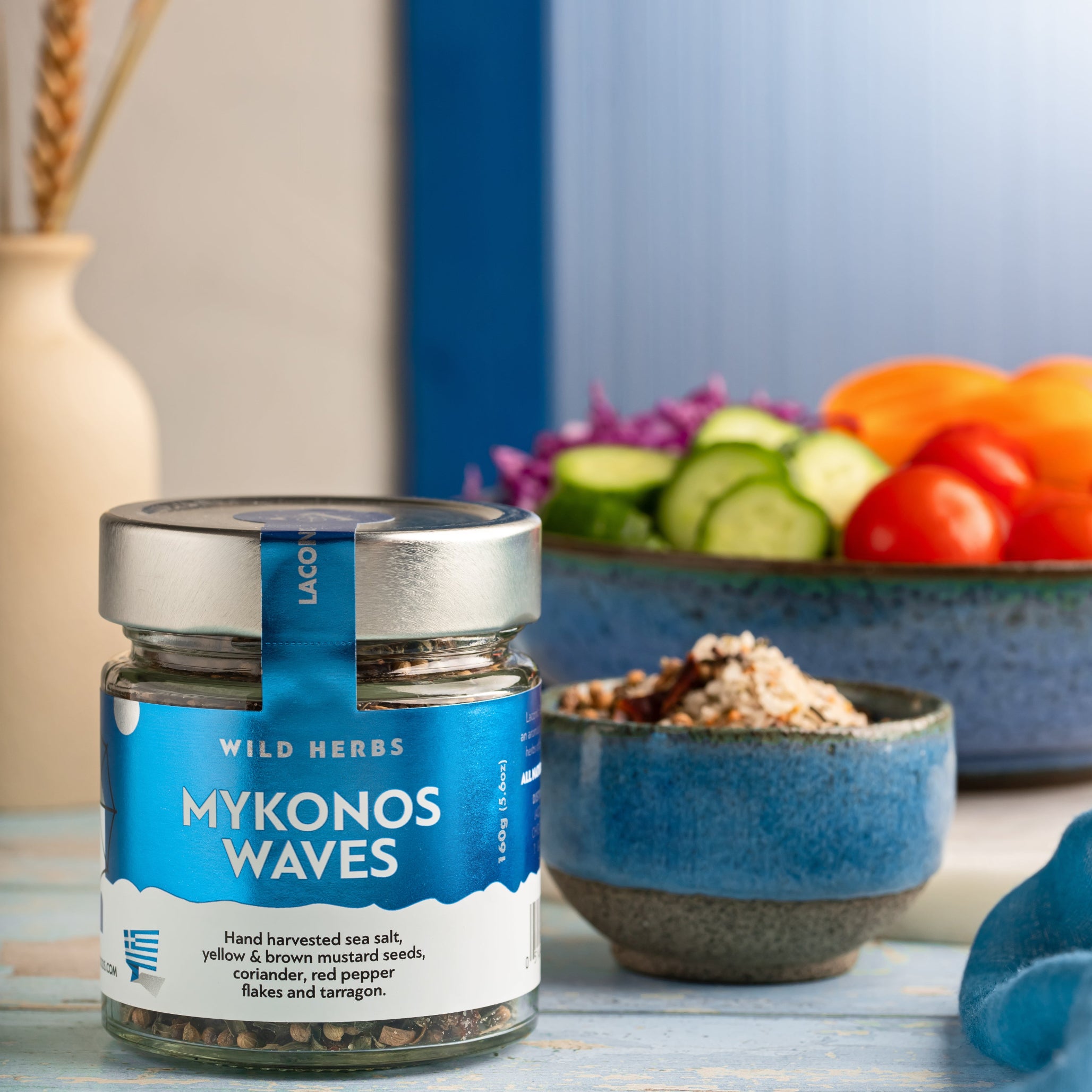 Mykonos Waves Spice Blend by Laconic Foods with fresh Greek salad – gourmet sea salt and herb mix
