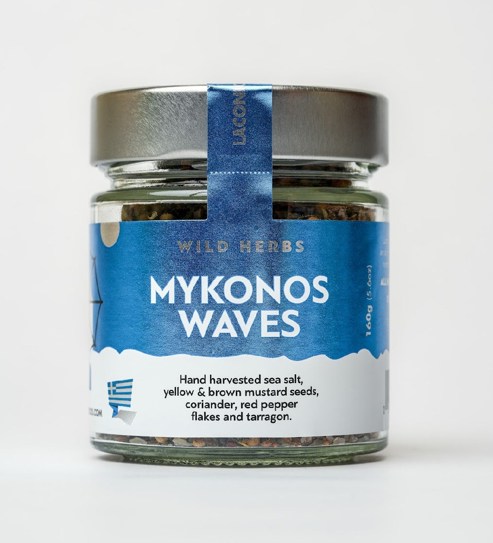 Front label of Mykonos Waves Spice Blend – sea salt, mustard seeds, coriander, and tarragon in a 160g glass jar
