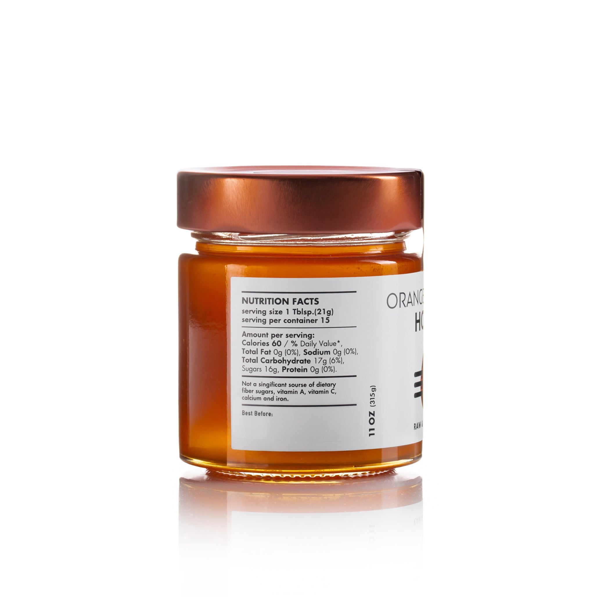 Side view of Laconic Foods Orange Blossom Honey jar showing nutrition facts panel.