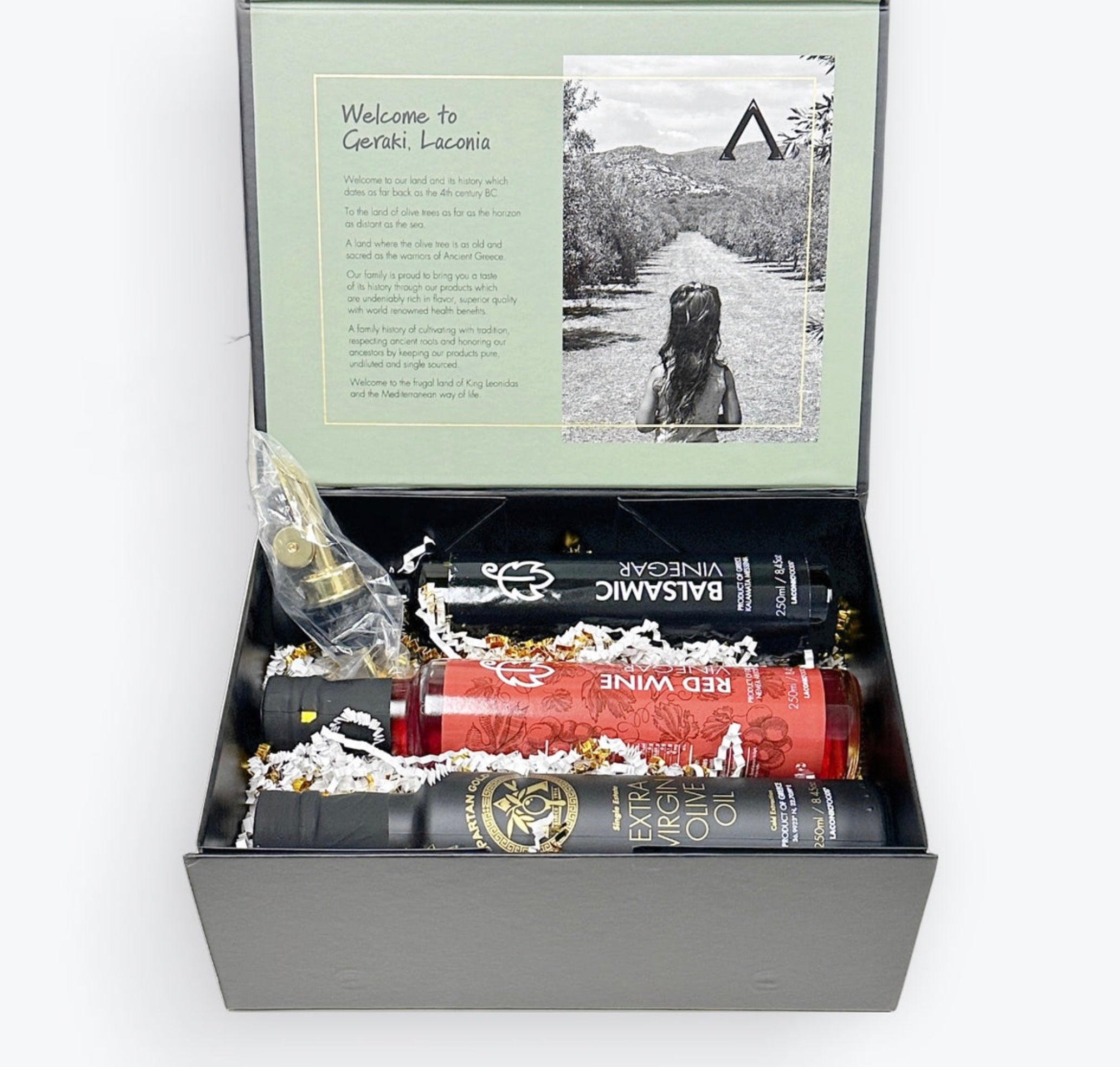Premium Greek gift set with EVOO, Balsamic Vinegar, Red Wine Vinegar, and pourer in black Laconic Foods box